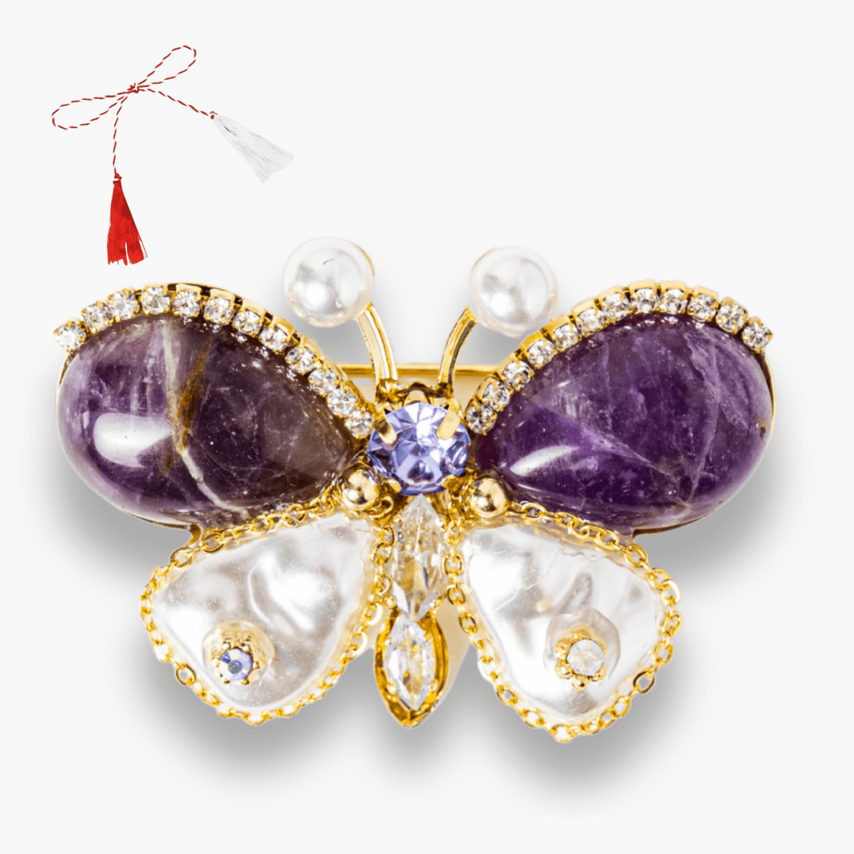 Brosa fluturas ametist cu perla sintetica si montura din cupru - Eleganta si echilibru
