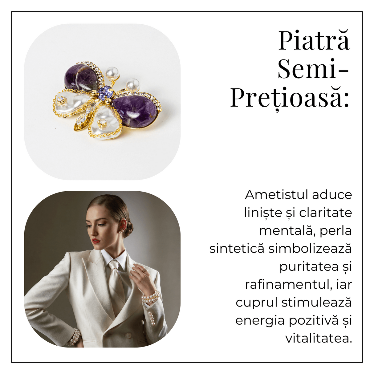 Brosa fluturas ametist cu perla sintetica si montura din cupru - Eleganta si echilibru