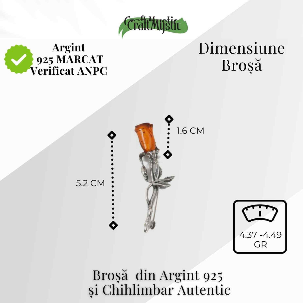 Brosa din argint 925 cu chihlimbar natural in forma de trandafir - lumina calda purtata cu gratie