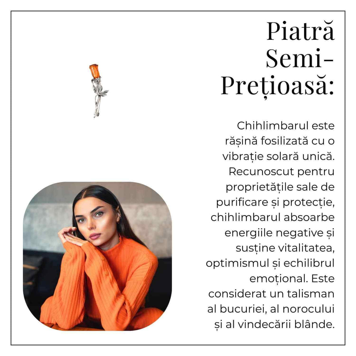 Brosa din argint 925 cu chihlimbar natural in forma de trandafir - lumina calda purtata cu gratie