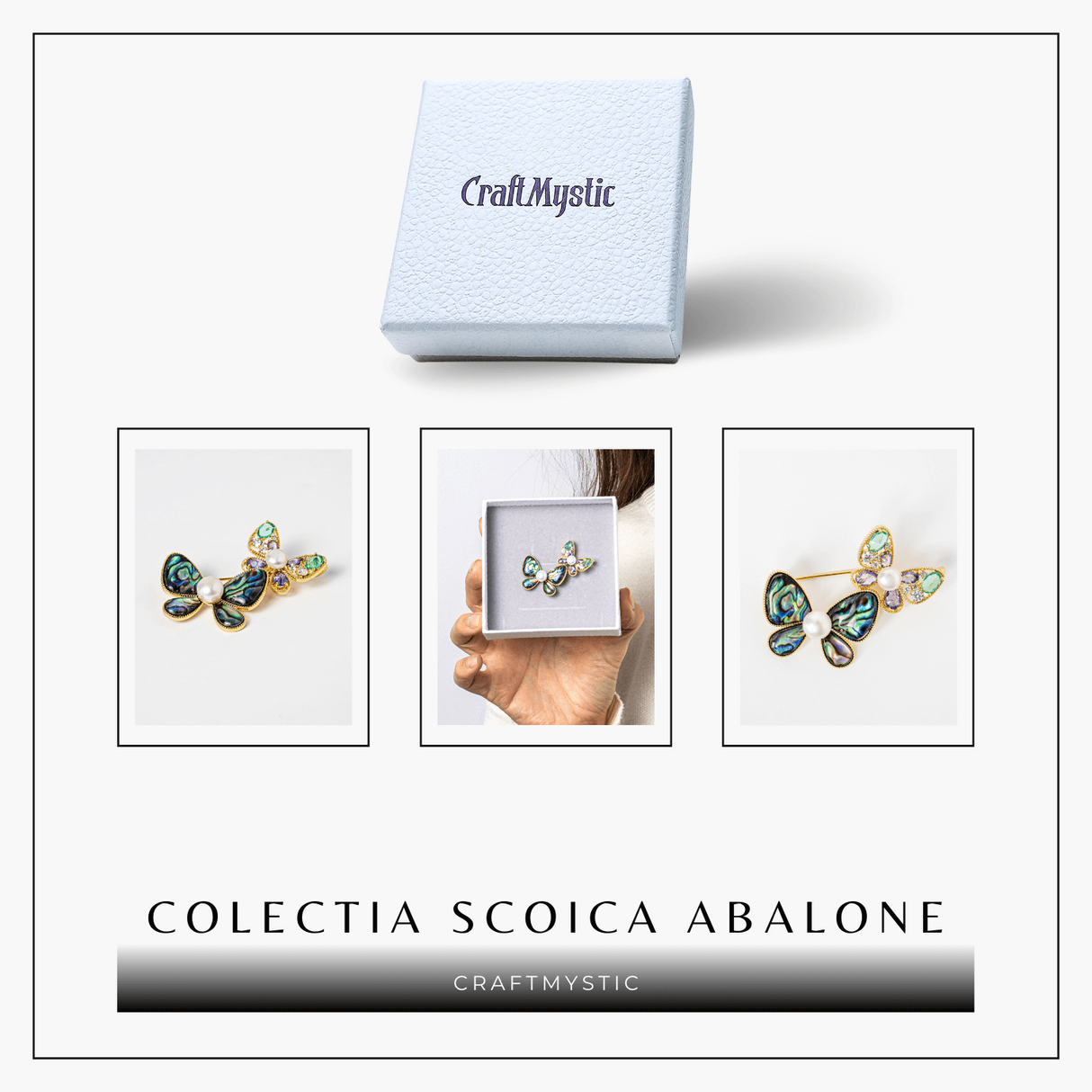 Brosa cu Fluturasi din Scoica Abalone, Perla Naturala si Fluturas cu Pietricele de Zirconia - Eleganta si Stralucire
