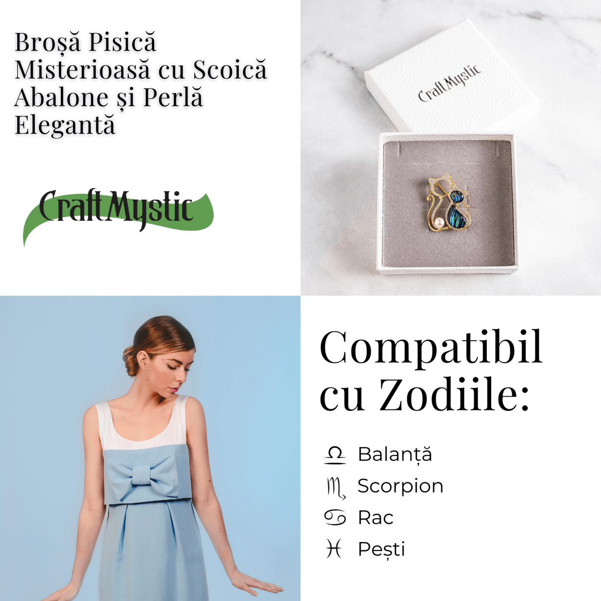 Pisica misterioasa - Brosa cu scoica abalone si perla eleganta