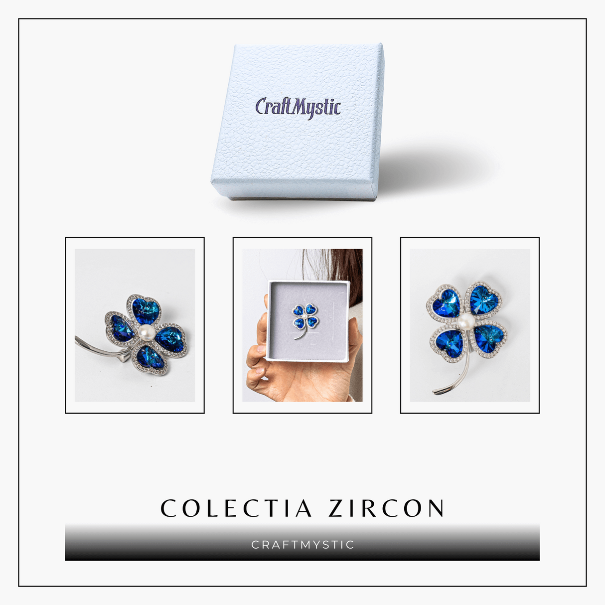 Brosa Trifoi cu 4 Foi cu Perla Naturala si Zircon Albastru - Simbol al Norocului si Elegantei