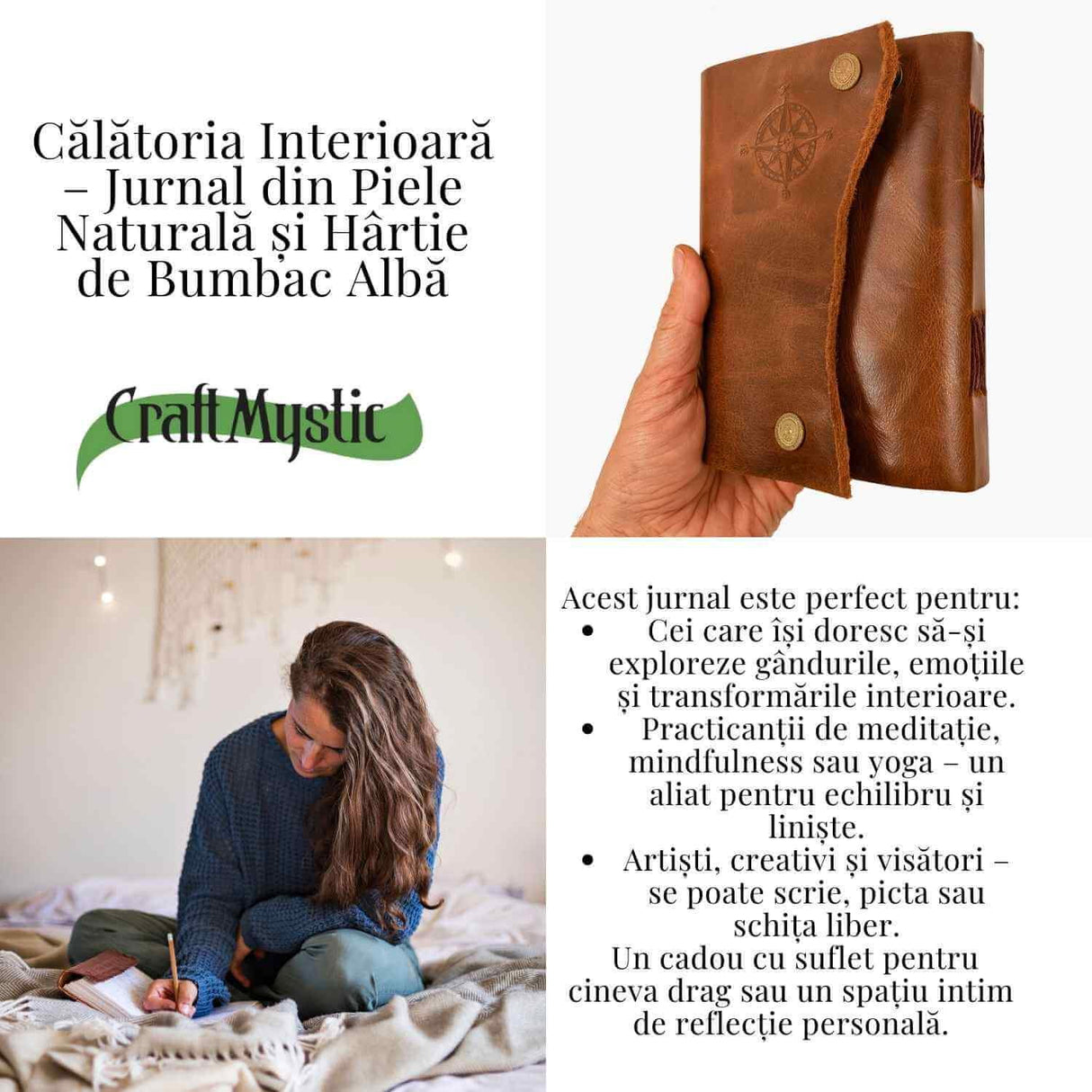 Jurnal din Piele Naturala cu Busola Hartie de Bumbac Alba