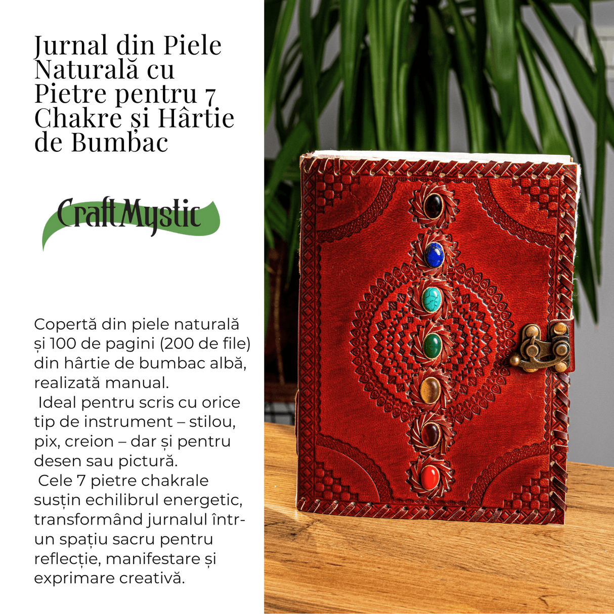 Calatorie interioara in stil vintage – Jurnal din piele naturala cu pietre pentru 7 chakre si hartie de bumbac alba