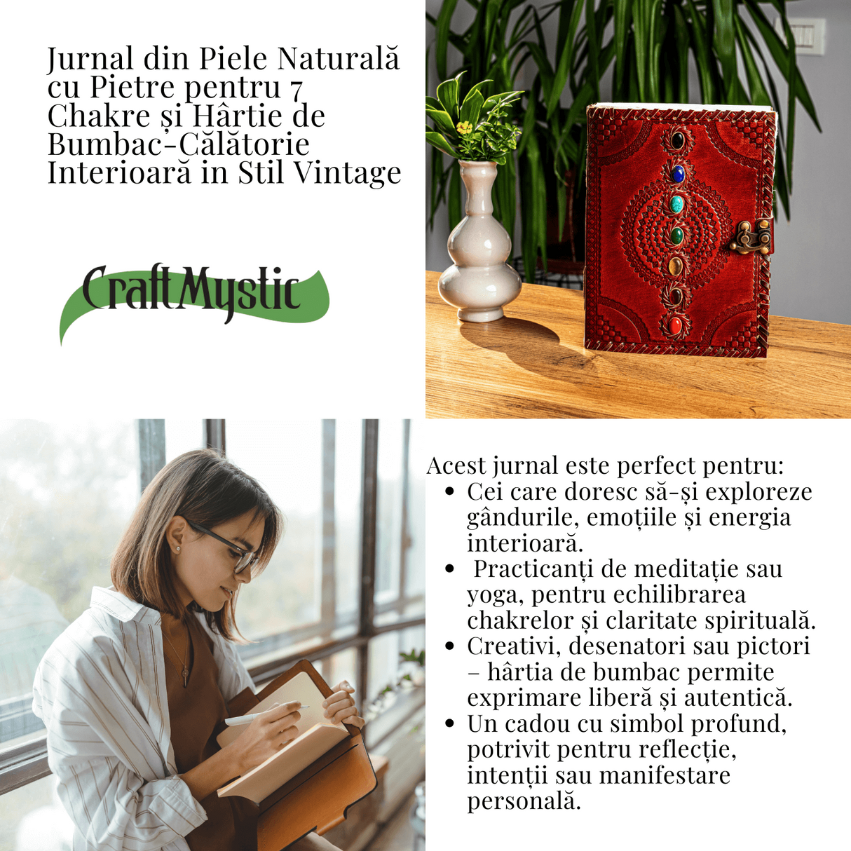 Calatorie interioara in stil vintage – Jurnal din piele naturala cu pietre pentru 7 chakre si hartie de bumbac alba