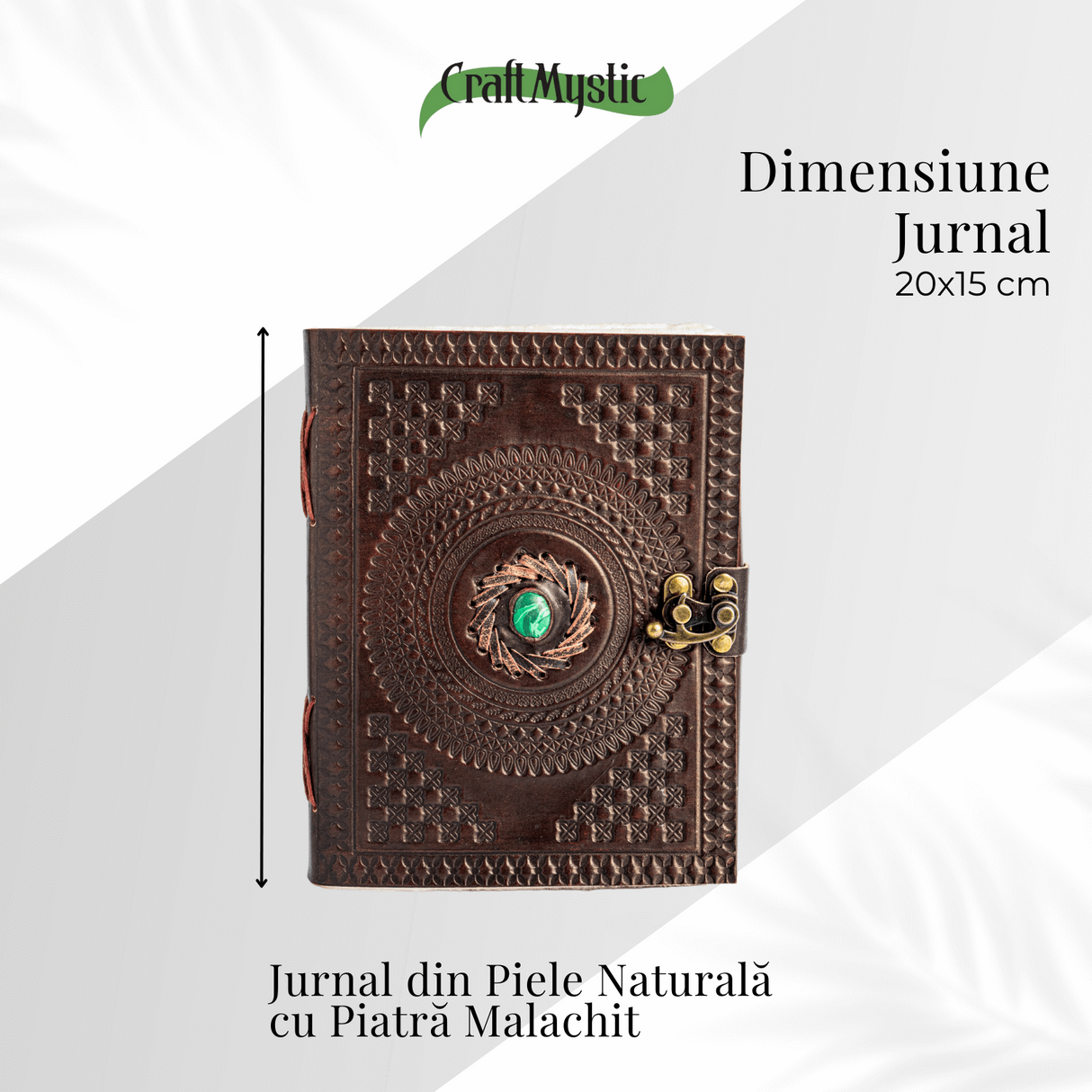 Jurnal din piele naturala cu piatra Malachit hartie bumbac alb – Talisman pentru echilibru si claritate interioara