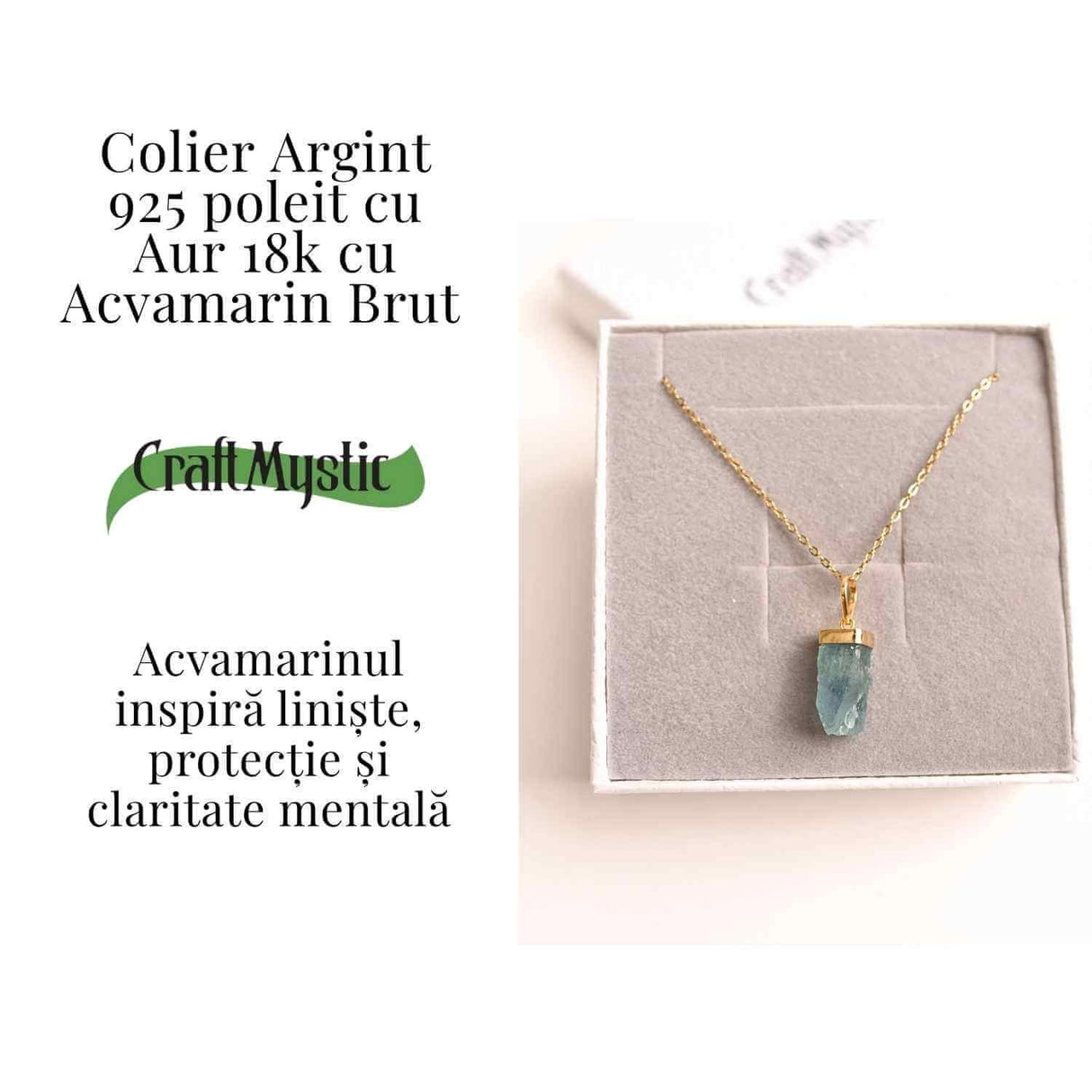 Calm Interior si Protectie - Colier din Acvamarin Brut si Argint 925 Placat cu Aur 18K