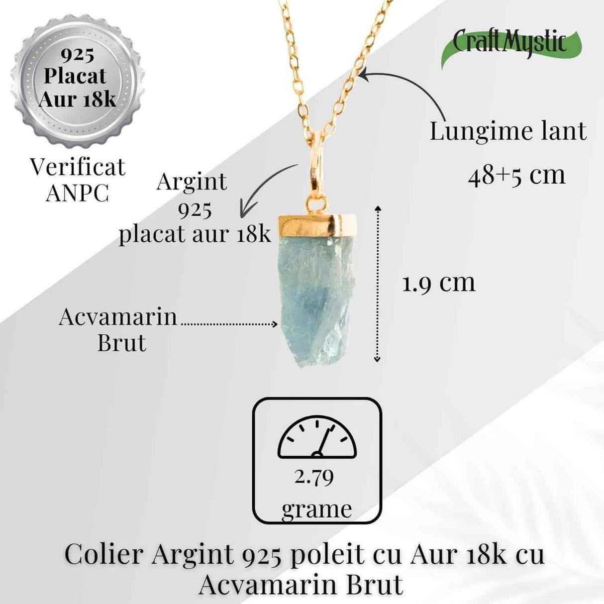 Calm Interior si Protectie - Colier din Acvamarin Brut si Argint 925 Placat cu Aur 18K