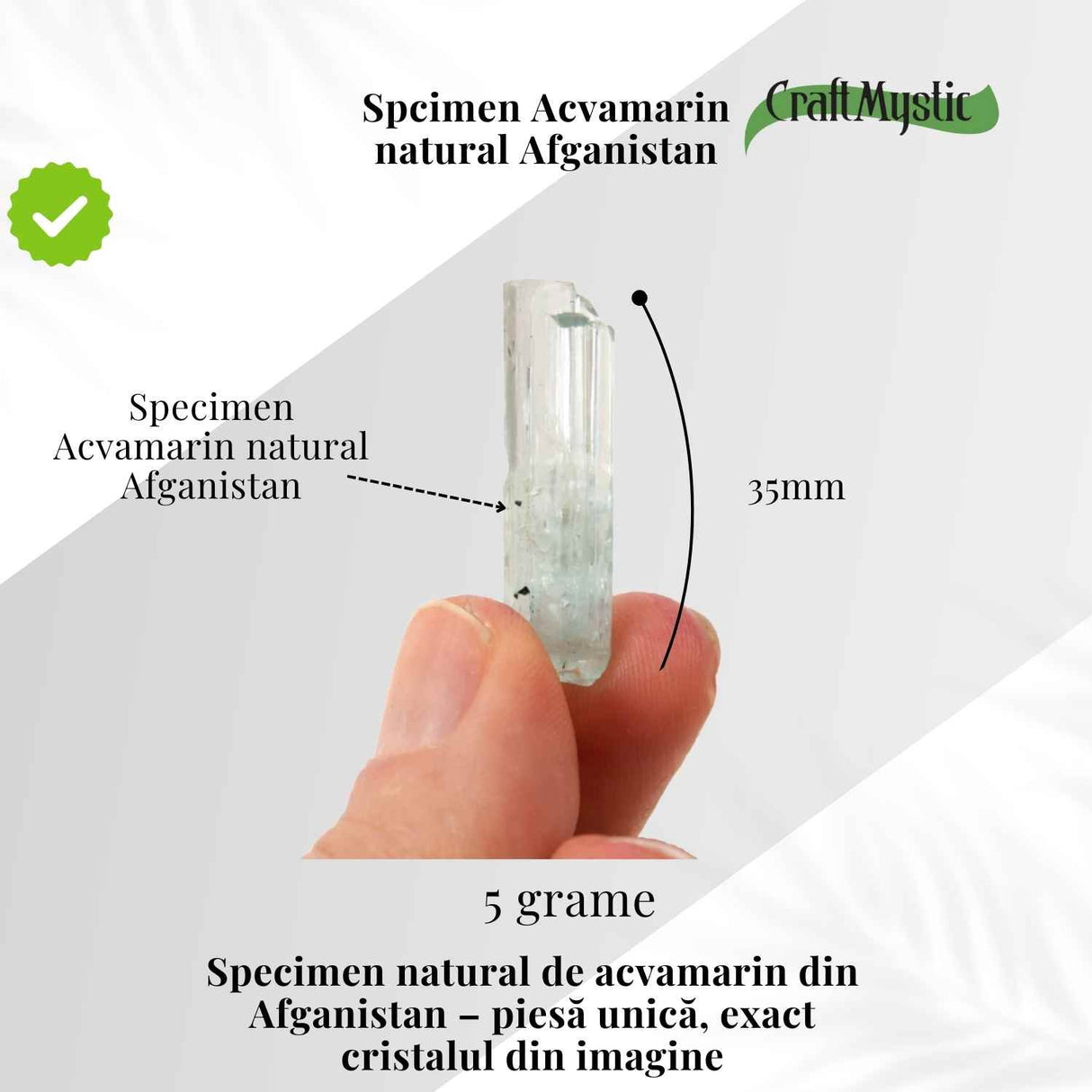 Specimen natural de Acvamarin din Afganistan 5 gr - cristal al claritatii si calmului interior