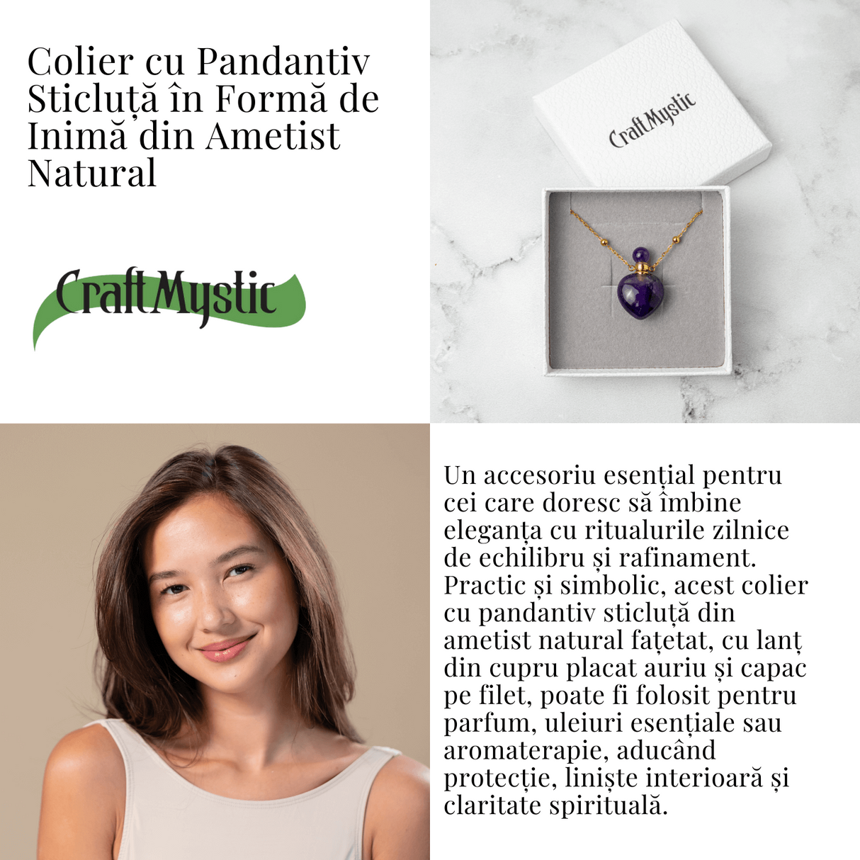 Claritate si Protectie - Colier Inima Sticluta cu Ametist Natural, Lant din cupru Placat Auriu