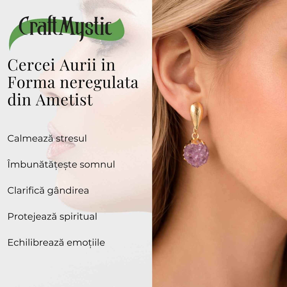 Cercei Aurii cu Ametist Natural Brut - Eleganta si Energie Feminina
