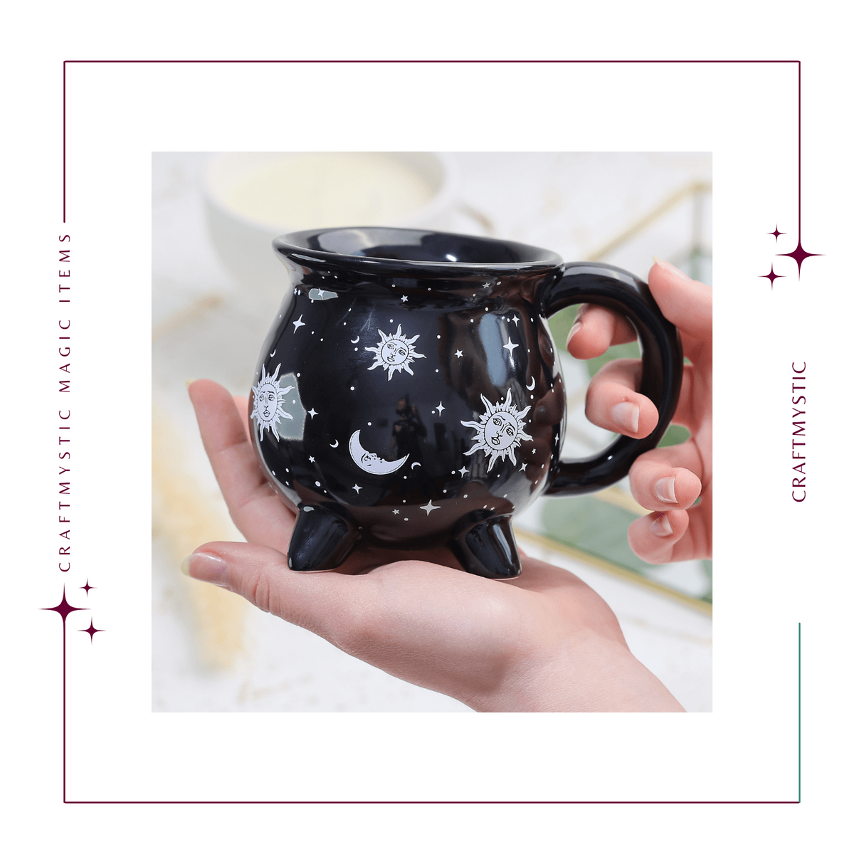 Cana din Ceramica in Forma de Ceaun cu Design Soare si Luna - Cadou Inedit pentru Iubitorii de Magie si Mister