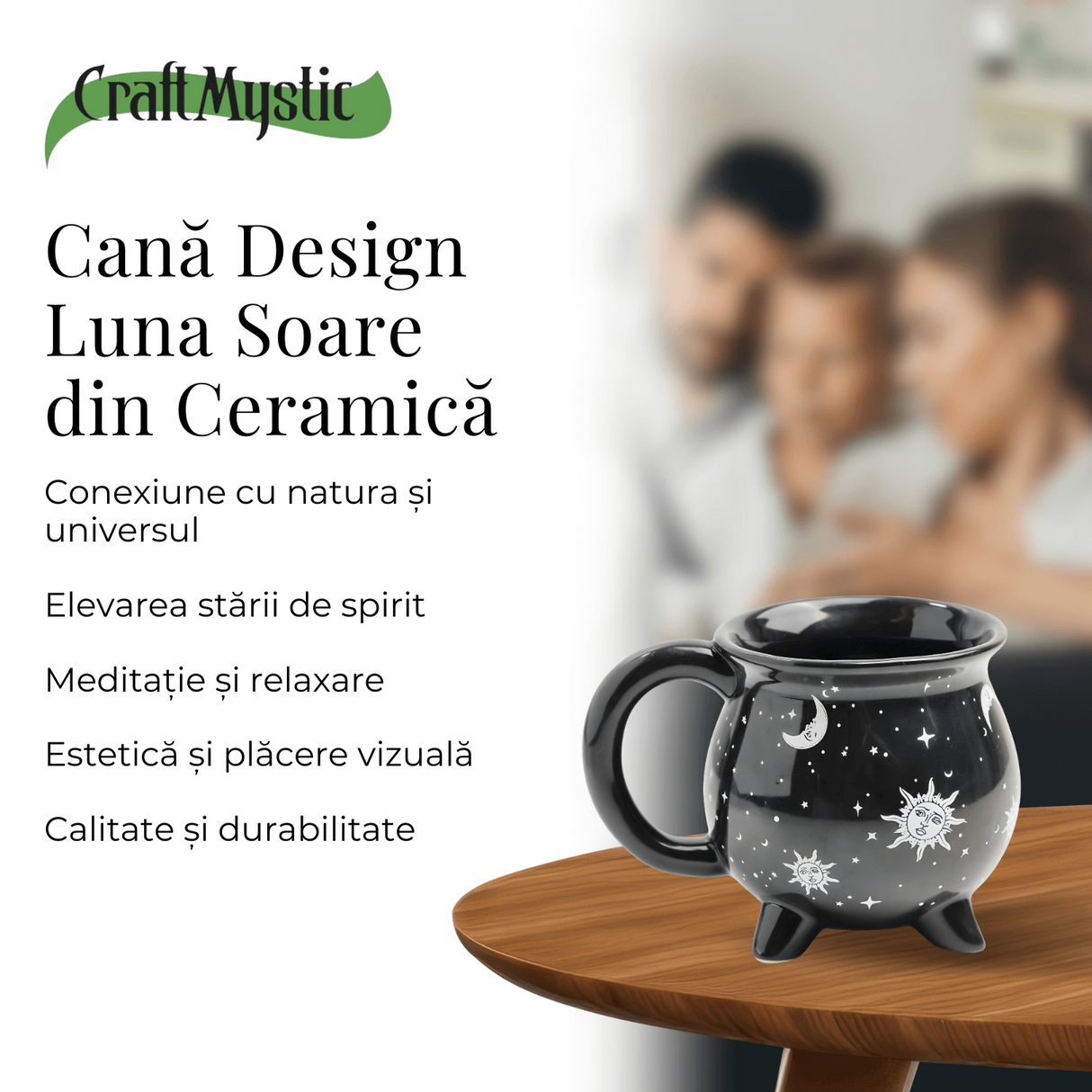 Cana din Ceramica in Forma de Ceaun cu Design Soare si Luna - Cadou Inedit pentru Iubitorii de Magie si Mister