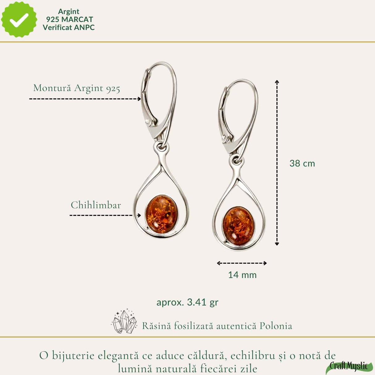 Cercei Argint 925 cu Chihlimbar - Eleganta Naturala si Energie Calda