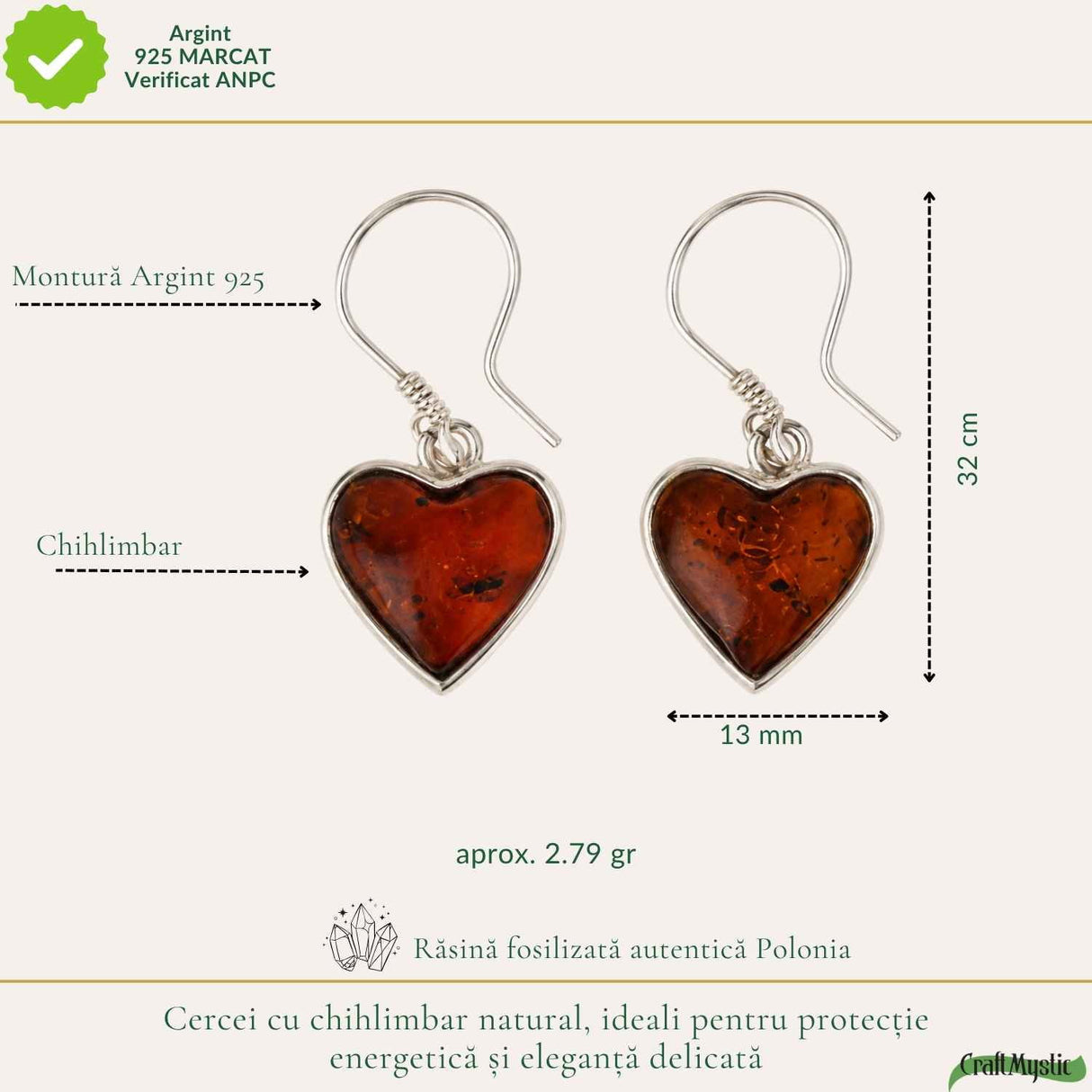 Cercei Argint 925 cu Chihlimbar Inima – Iubire si Eleganta Feminina