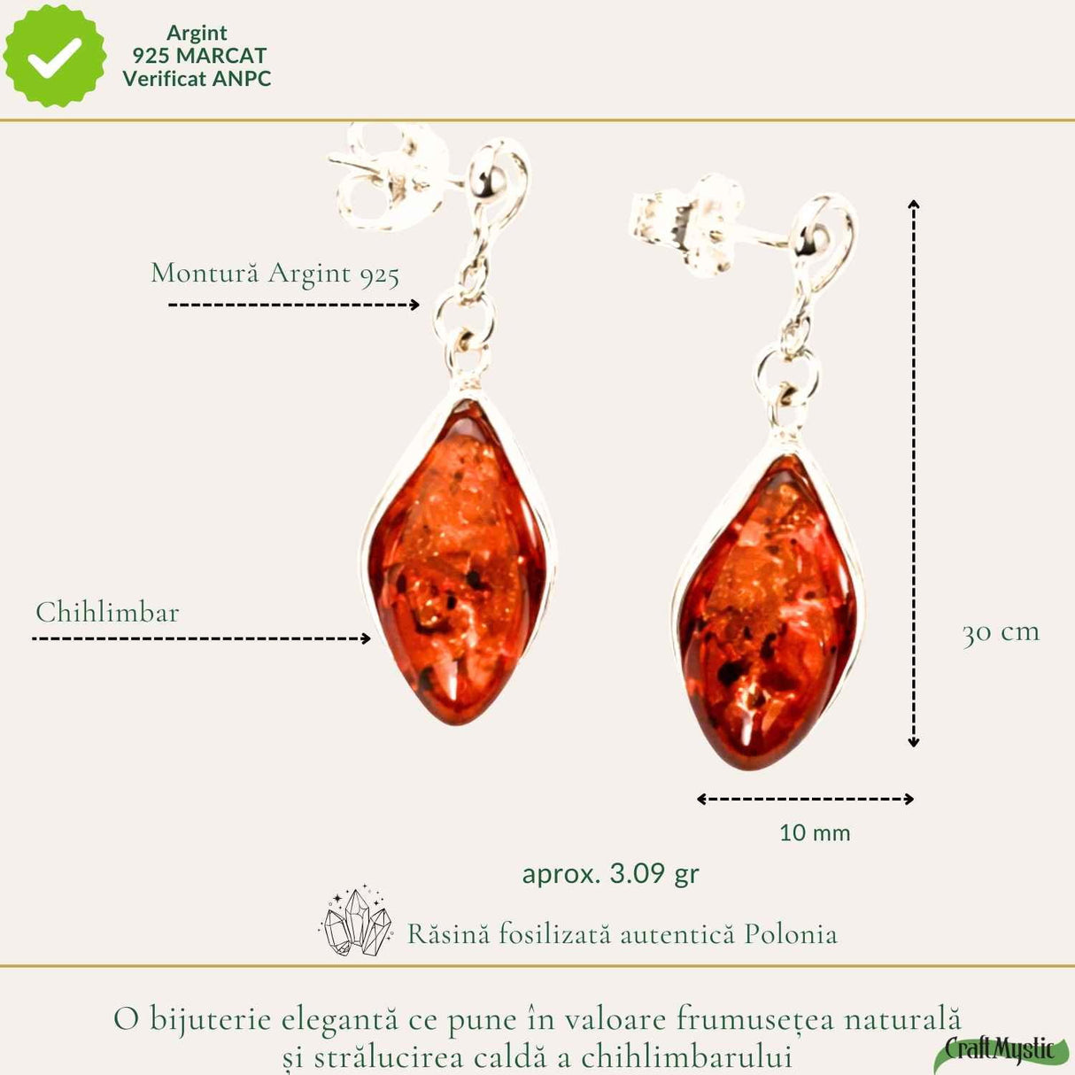 Cercei Argint 925 cu Chihlimbar Oval - Caldura, Protectie si Energie Pozitiva
