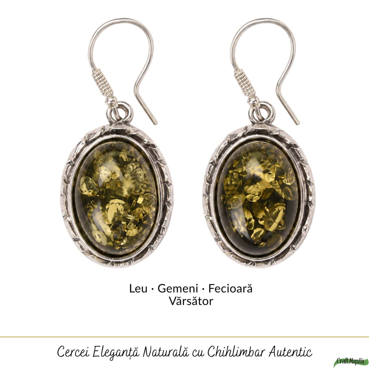 Cercei Argint 925 cu Chihlimbar Verde Oval – Echilibru si Eleganta Naturala