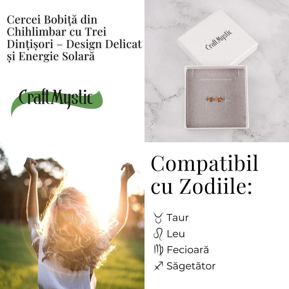 Cercei Argint 925 cu Chihlimbar Auriu Rotund - Lumina Solara, Delicatete si Protectie Calda