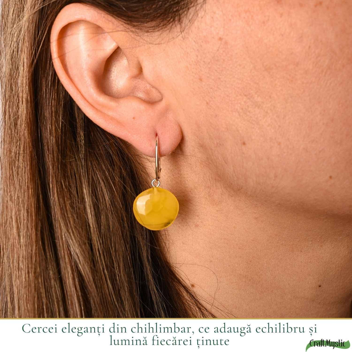 Cercei Argint 925 cu Chihlimbar Galben Rotund – Energie Pozitiva si Eleganta Calda