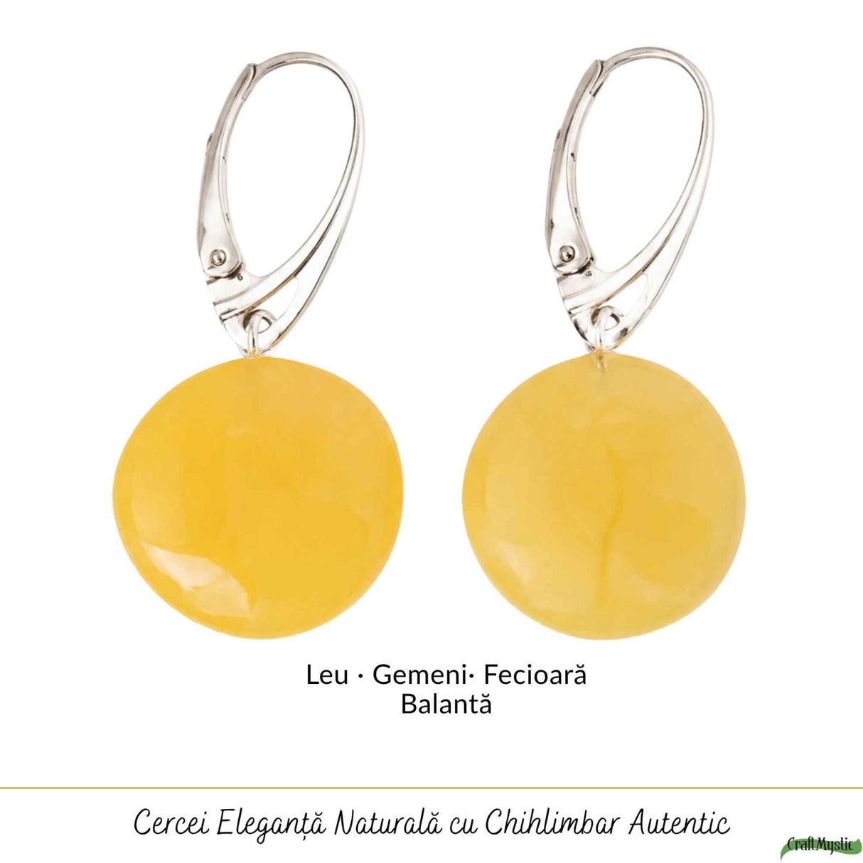 Cercei Argint 925 cu Chihlimbar Galben Rotund – Energie Pozitiva si Eleganta Calda