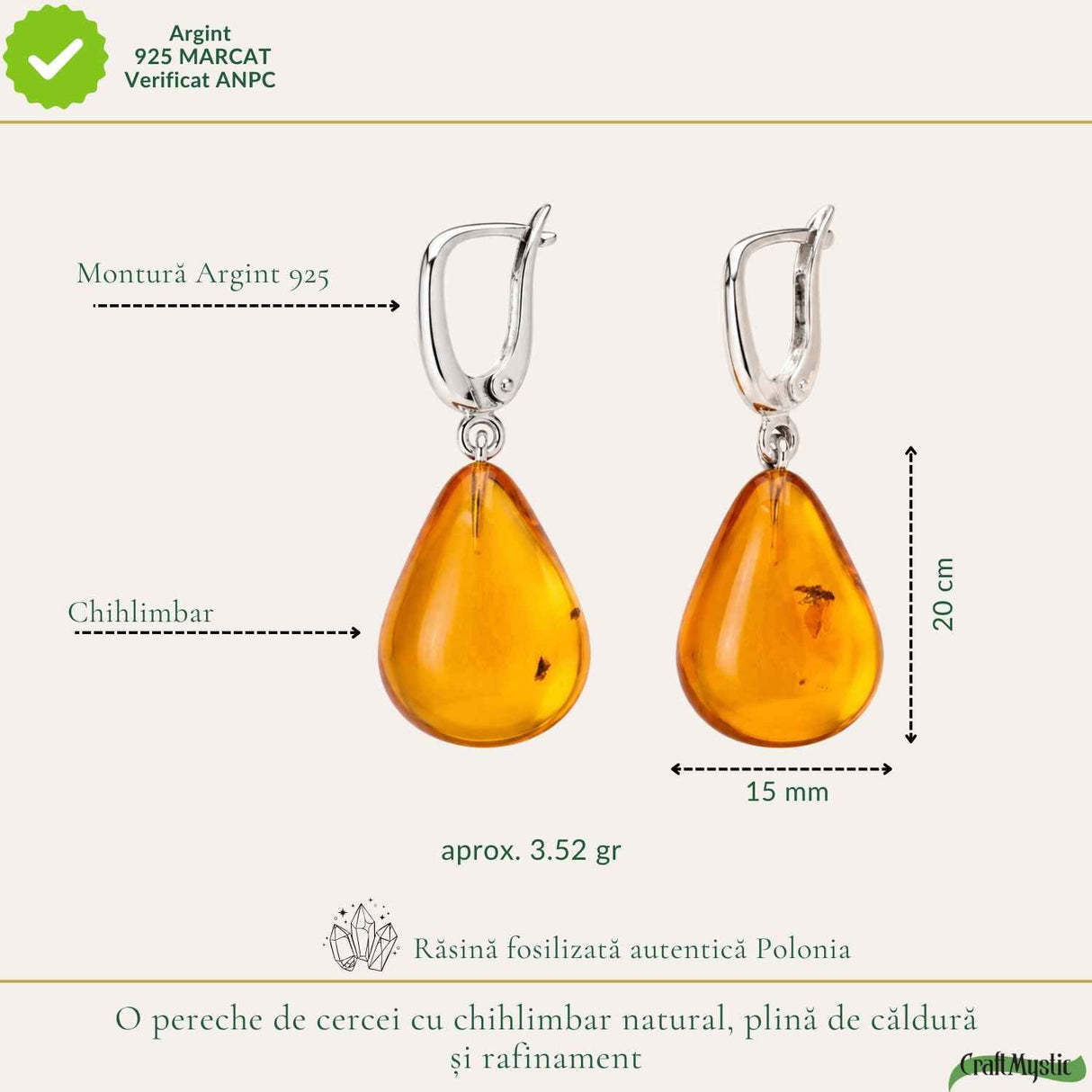 Cercei Argint 925 cu Chihlimbar Natural Lacrima – Energie Calda si Eleganta Feminina