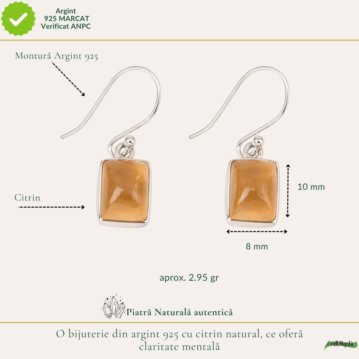 Cercei Argint 925 cu Citrin Dreptunghiular – Energie Pozitiva si incredere