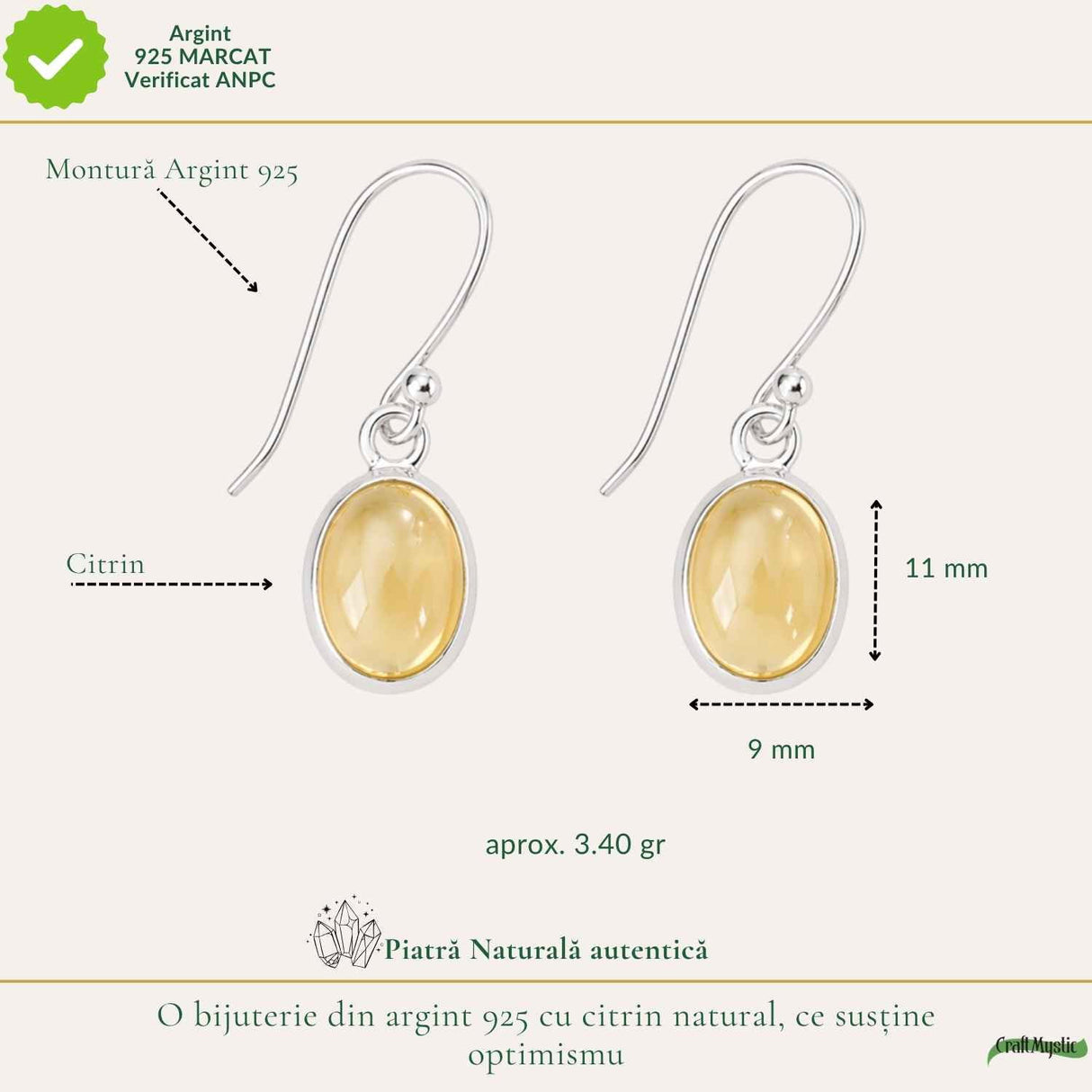 Cercei Argint 925 cu Citrin Oval – Energie Pozitiva si Echilibru Interior