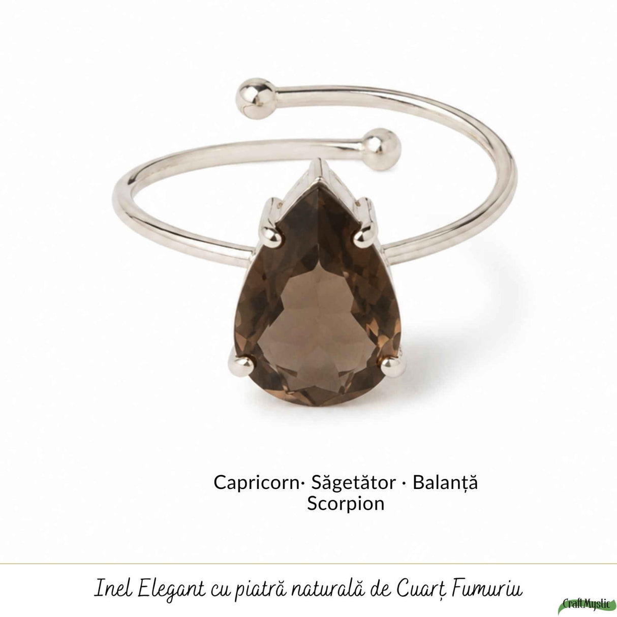 Inel Argint 925 cu Cuart Fumuriu Fatetat Lacrima – Echilibru si Claritate