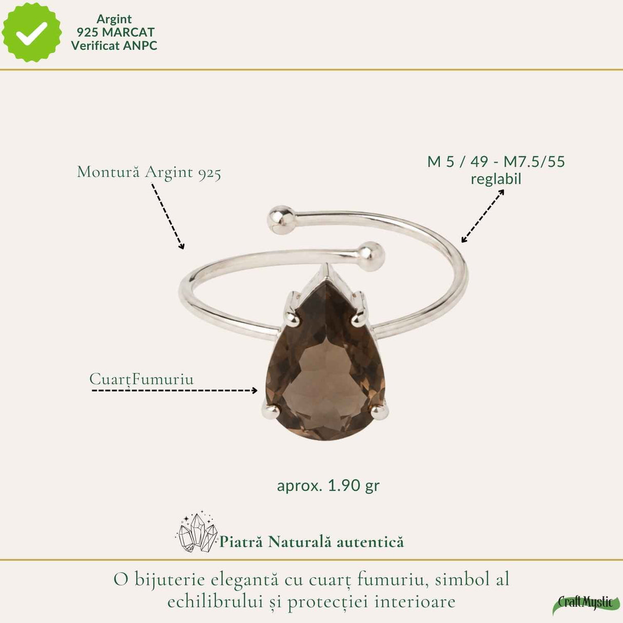 Inel Argint 925 cu Cuart Fumuriu Fatetat Lacrima – Echilibru si Claritate