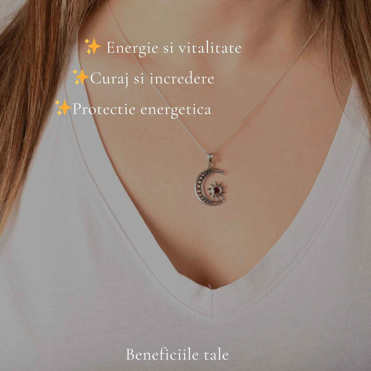 Colier Argint 925 cu Granat Soare si Luna – Energie si Echilibru Interior