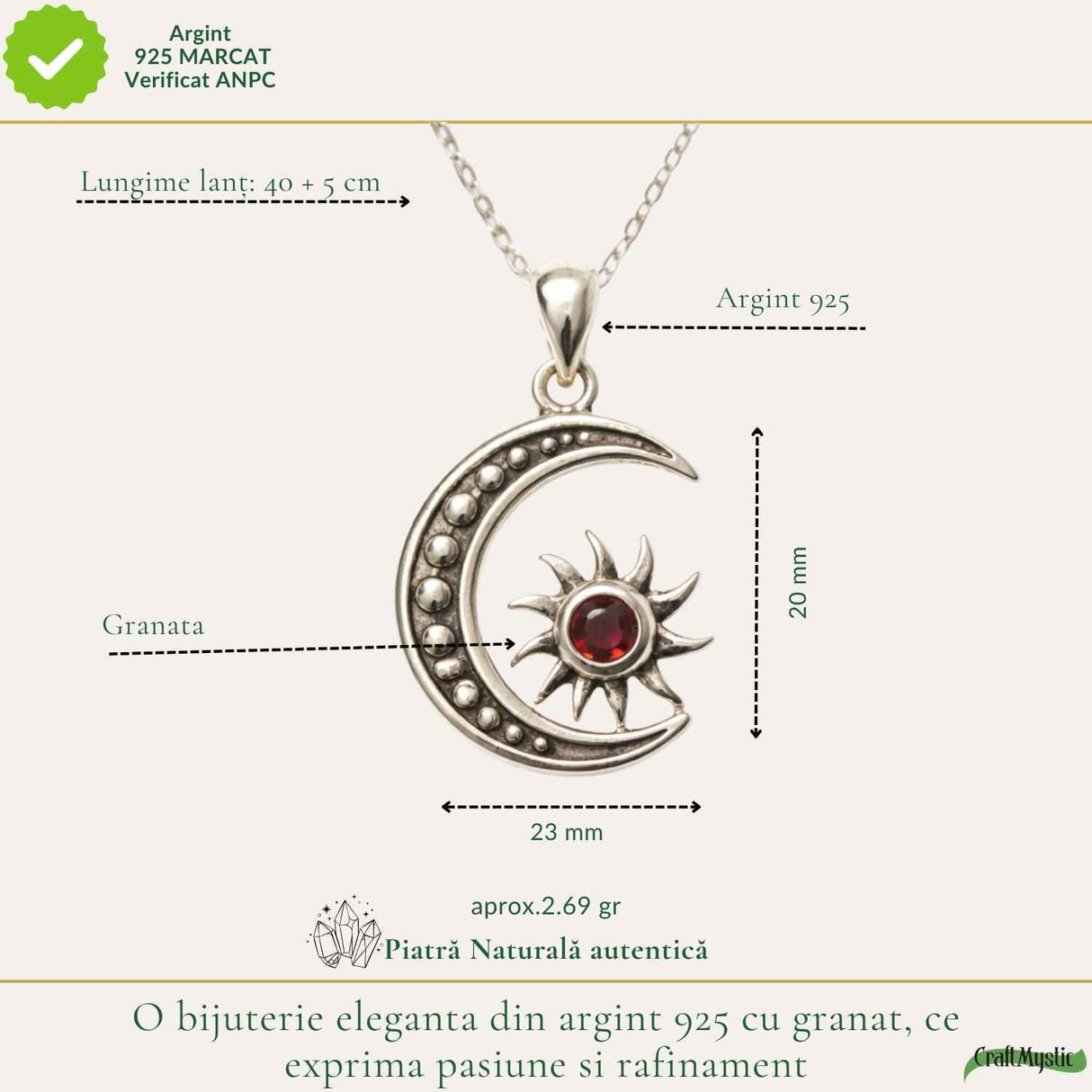 Colier Argint 925 cu Granat Soare si Luna – Energie si Echilibru Interior