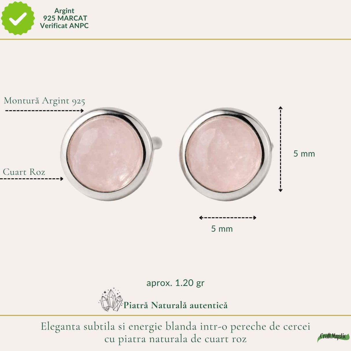 Cercei Argint 925 cu Cuart Roz Bobita – Iubire si Delicatețe Zilnica