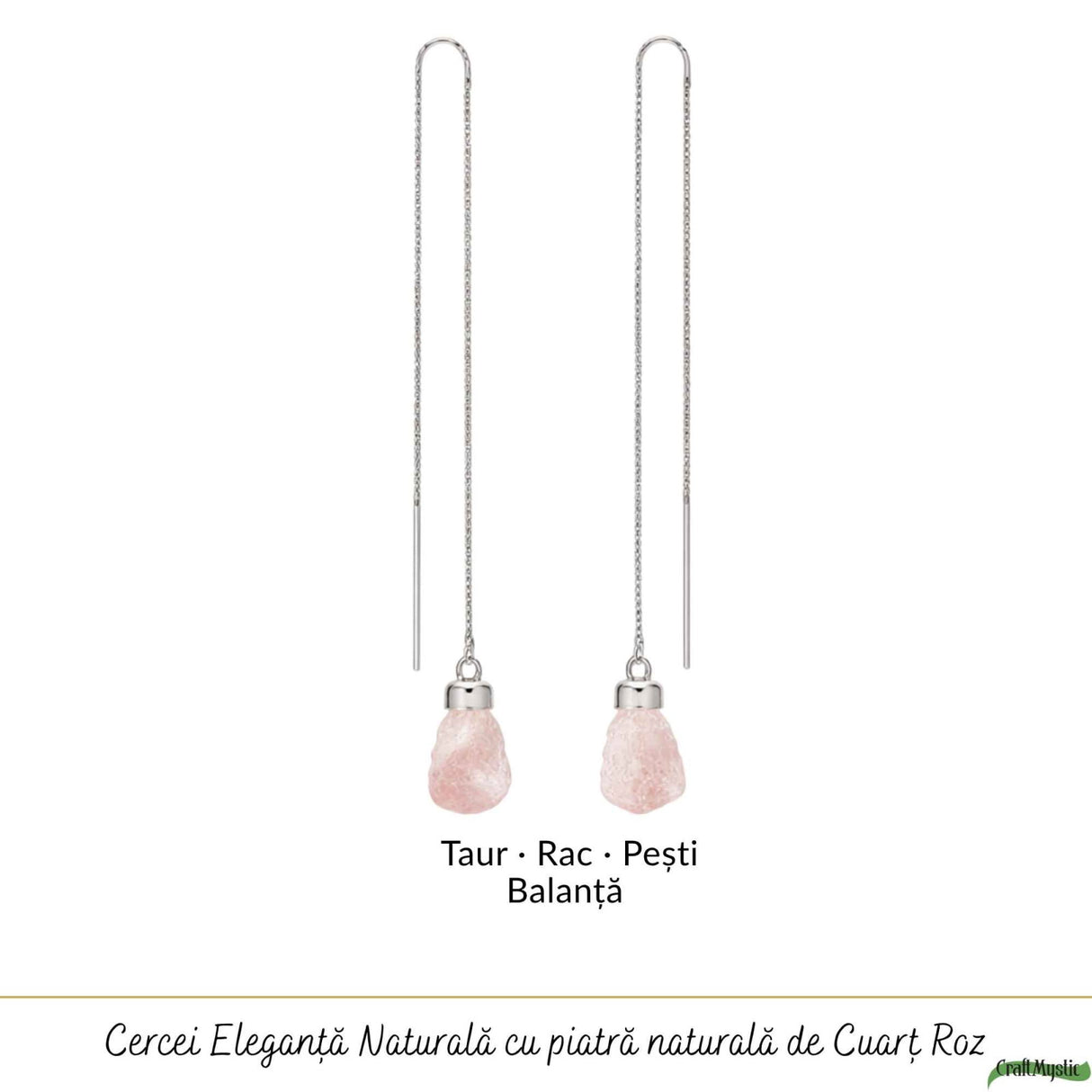 Cercei Argint 925 cu Cuart Roz Brut si Lant – Iubire si Energie Naturala