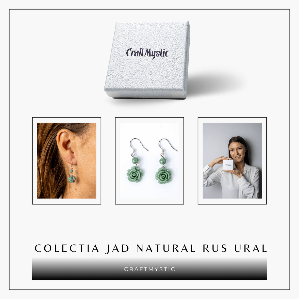 Cercei Argint 925 cu Jad Natural Rus Ural - Model Trandafir pentru Echilibru si Prosperitate