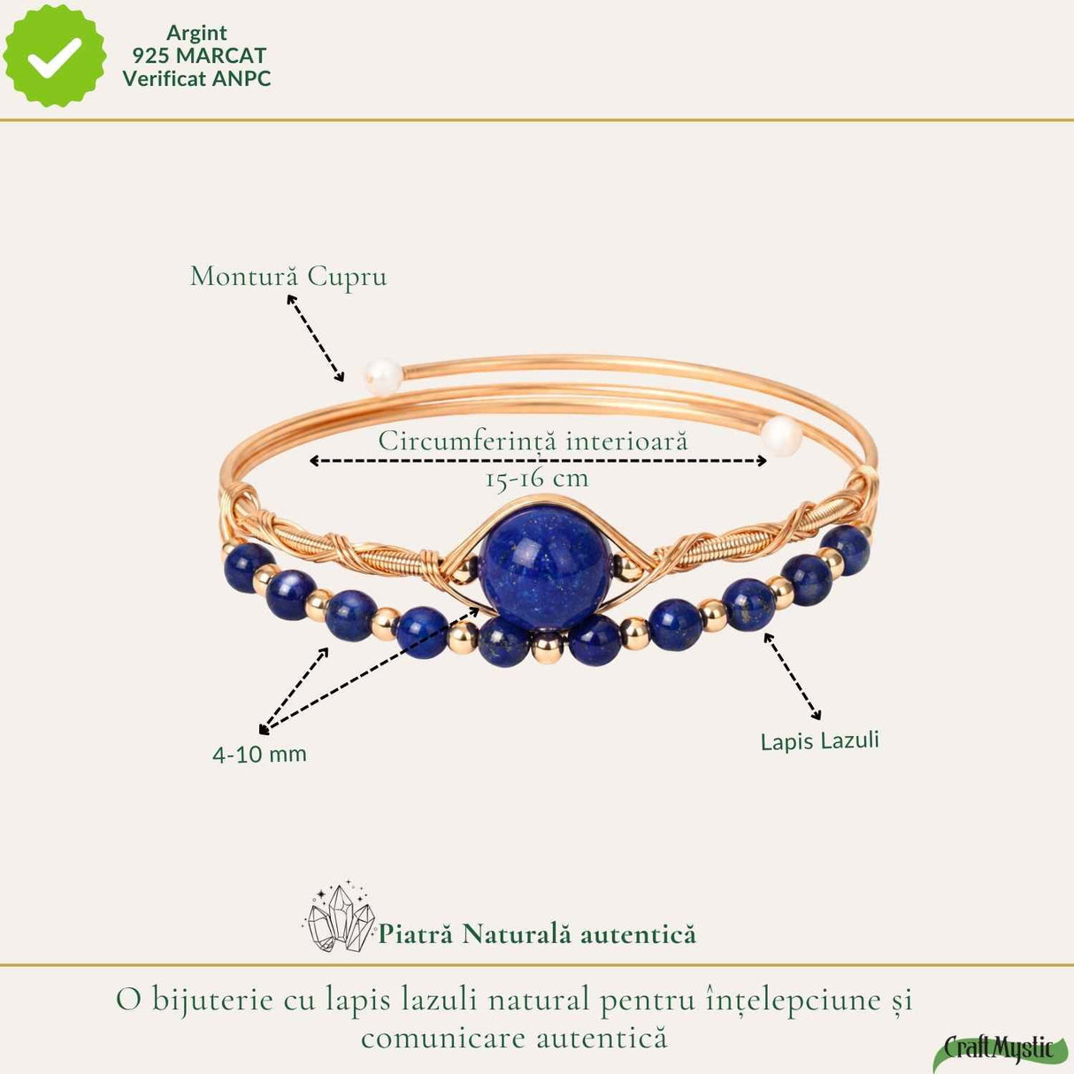 Bratara din Cupru cu Lapis Lazuli Natural – Intelepciune, Comunicare si Eleganta