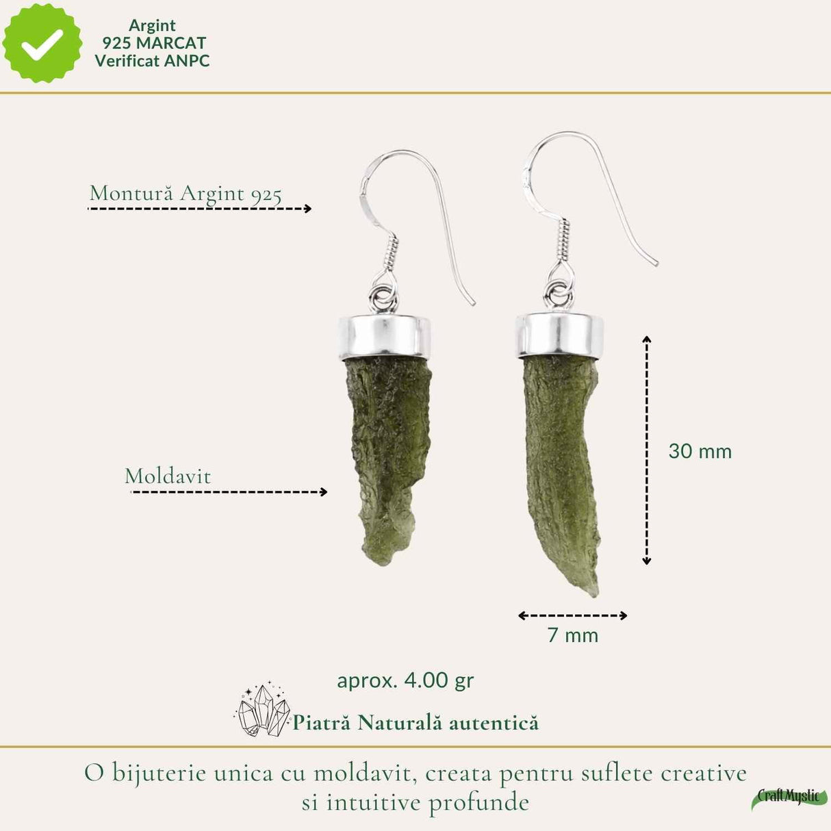 Cercei Argint 925 cu Moldavit Brut – Energie si Echilibru Interior