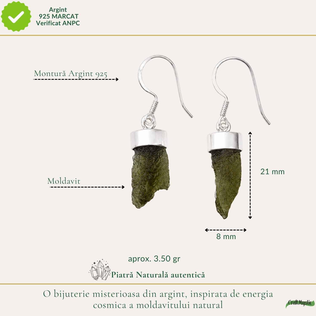 Cercei Argint 925 cu Moldavit Brut – Echilibru si Energie Naturaa