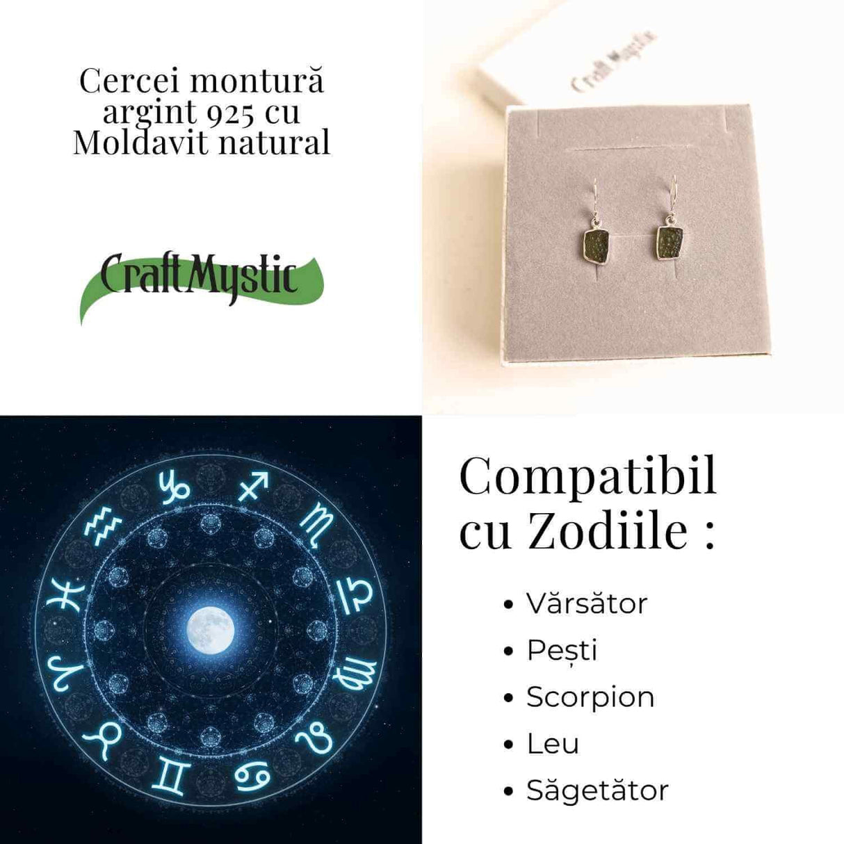 Cercei argint 925 cu Moldavit natural neuniform 2.1-2.8 grame - Transformare interioara si conexiune spirituala