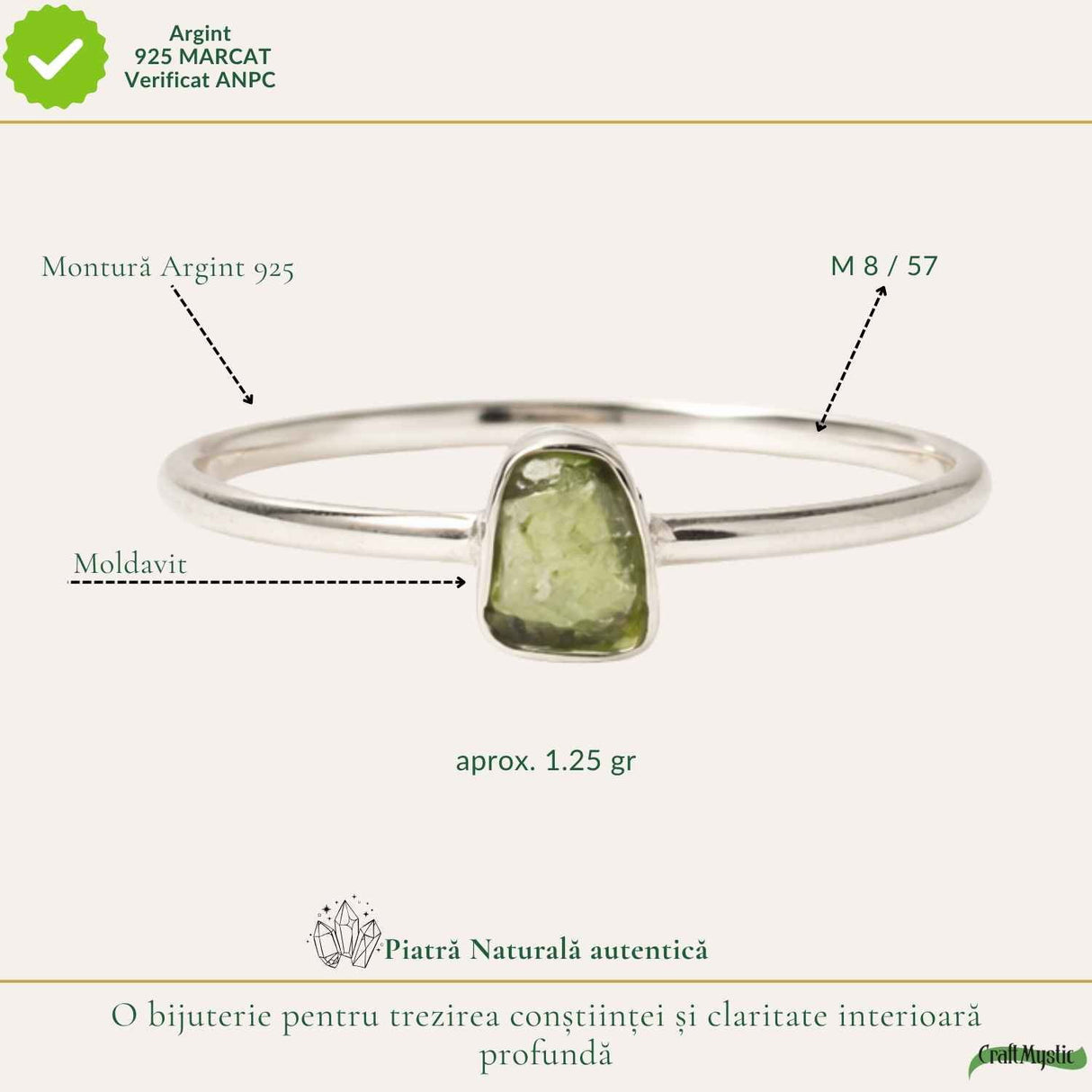 Inel Argint 925 cu Moldavit Brut Neregulat – Transformare si Claritate