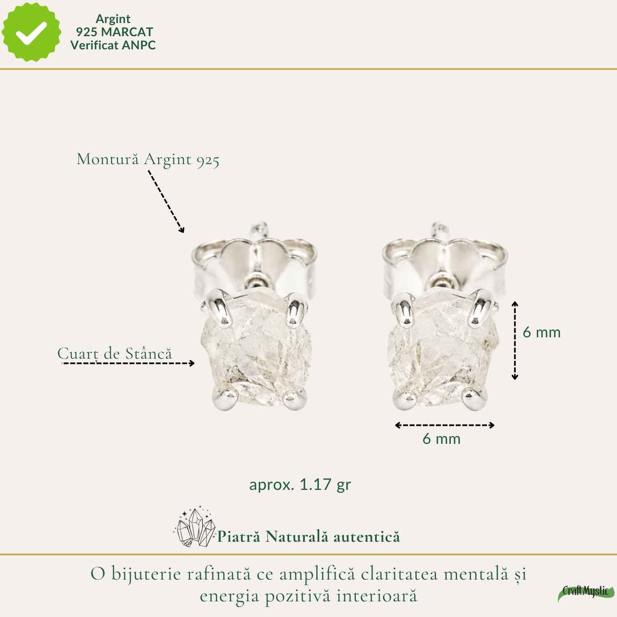 Cercei Argint 925 cu Cuart de Stanca Brut – Claritate si Energie Pozitiva