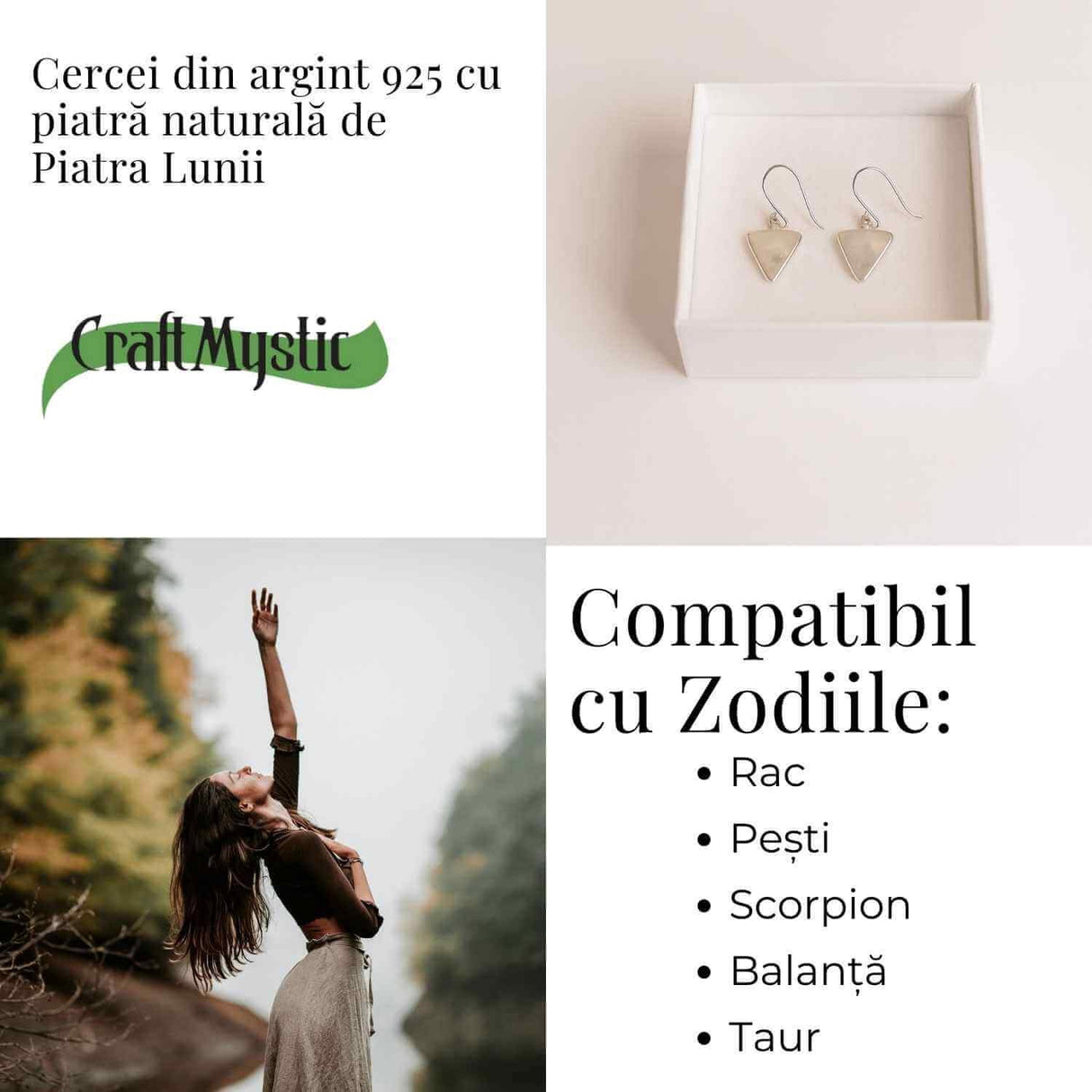 Cercei Argint 925 cu Piatra Lunii Triunghi - Protectie si Ascensiune