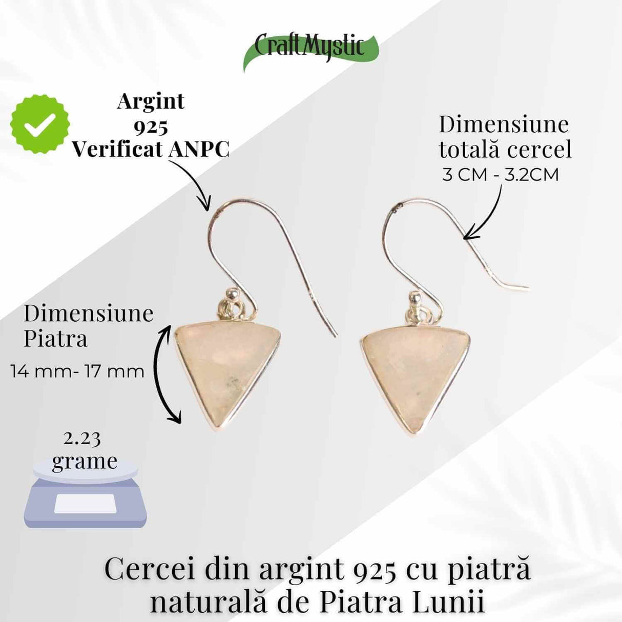 Cercei Argint 925 cu Piatra Lunii Triunghi - Protectie si Ascensiune
