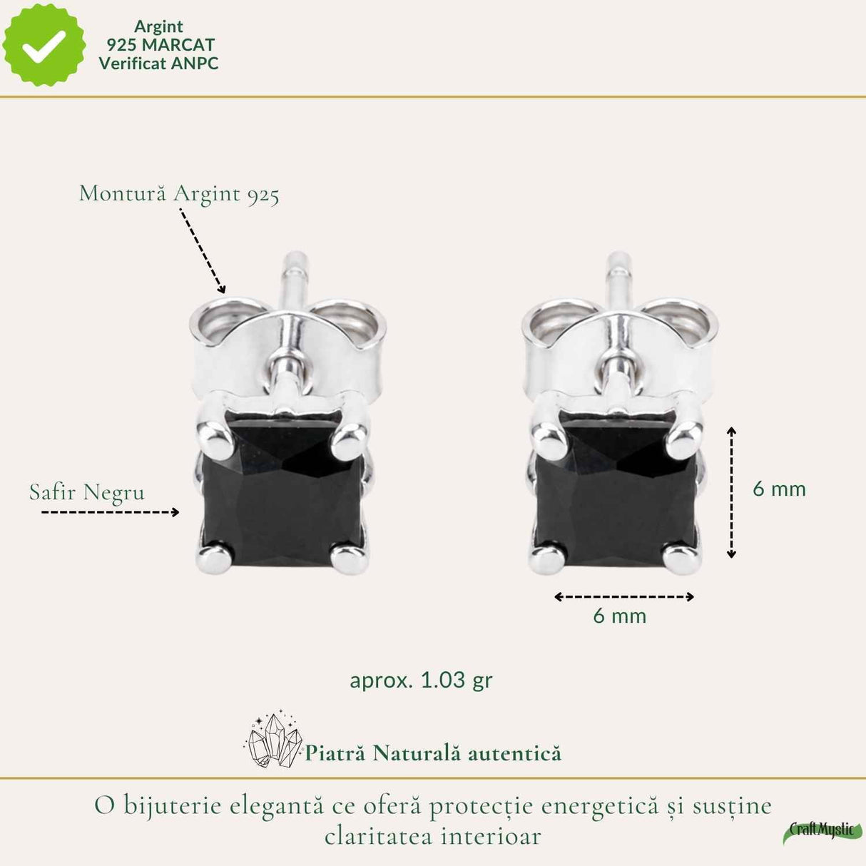 Cercei Argint 925 cu Safir Negru Patrat – Protectie si Claritate Interioara
