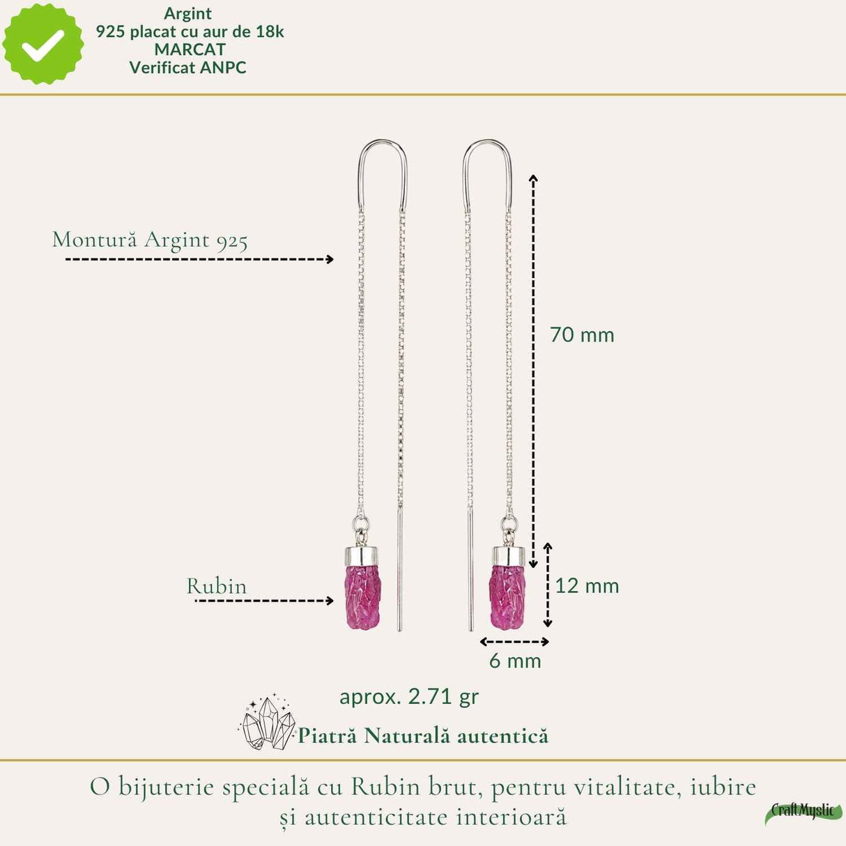 Cercei Lungi Argint 925 cu Rubin Brut Natural – Pasiune si Feminitate Autentica