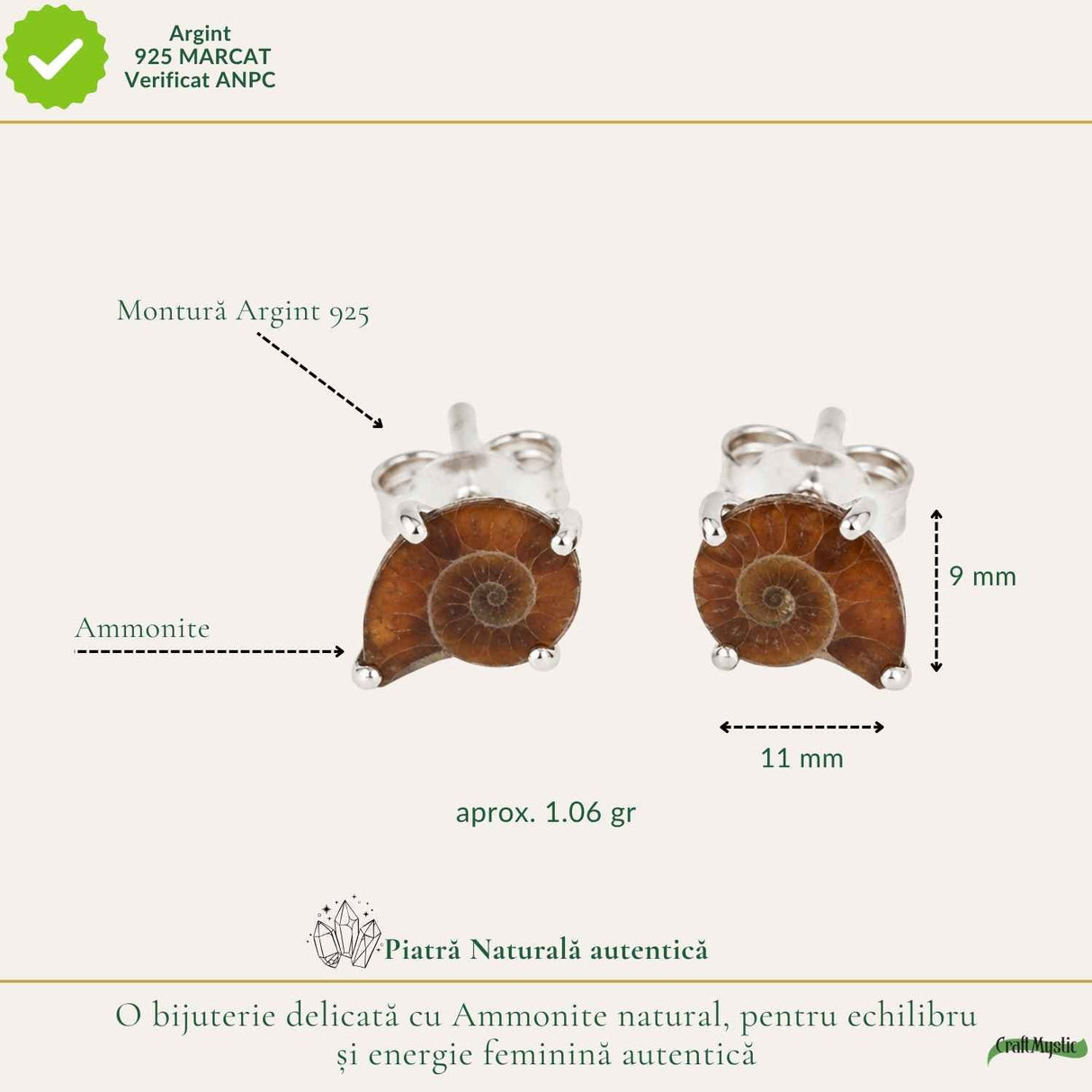Cercei Argint 925 cu Amonit Natural în Forma de Melc – Echilibru si Evolutie