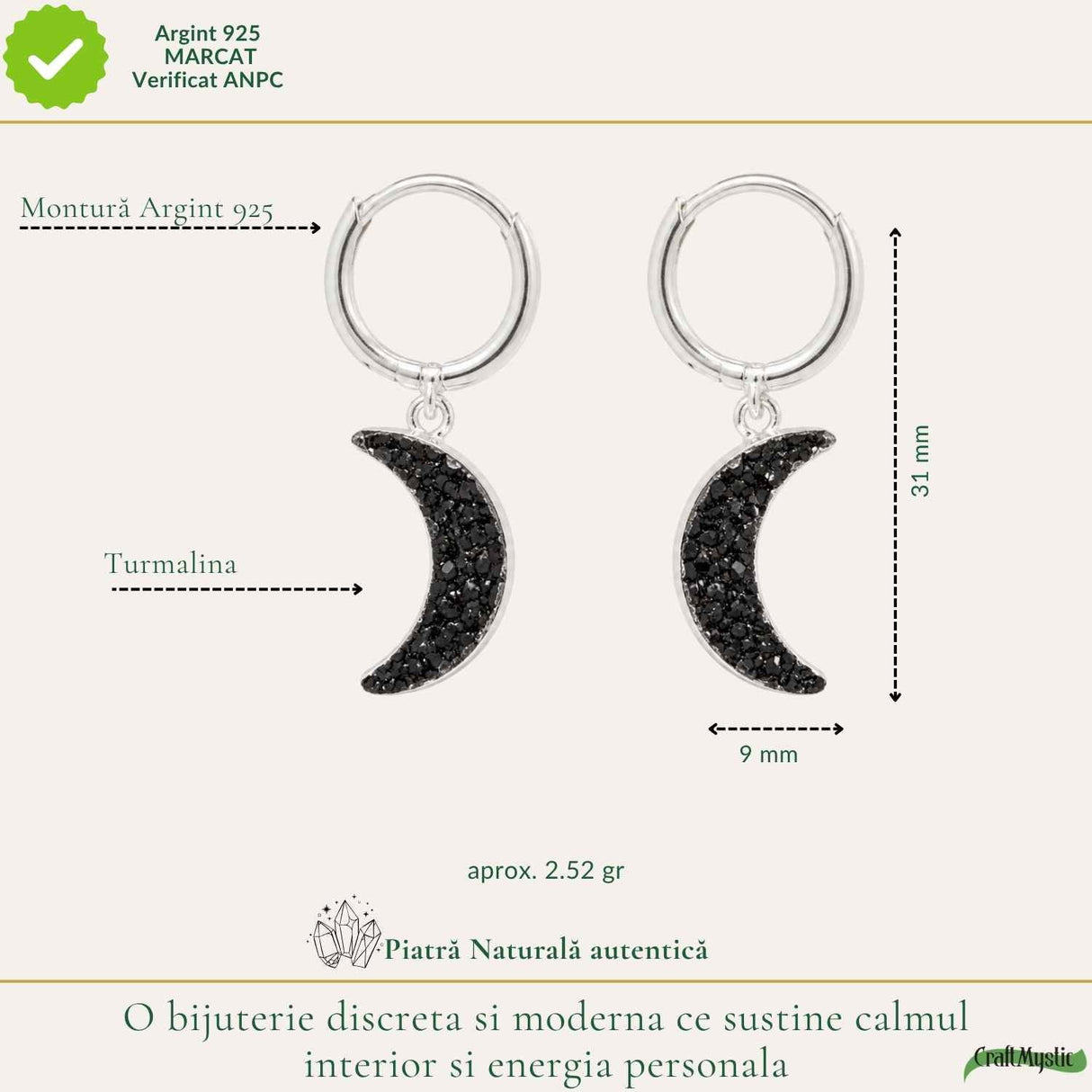 Cercei cu Turmalina Neagra Semiluna din Argint 925 – Protectie si Echilibru