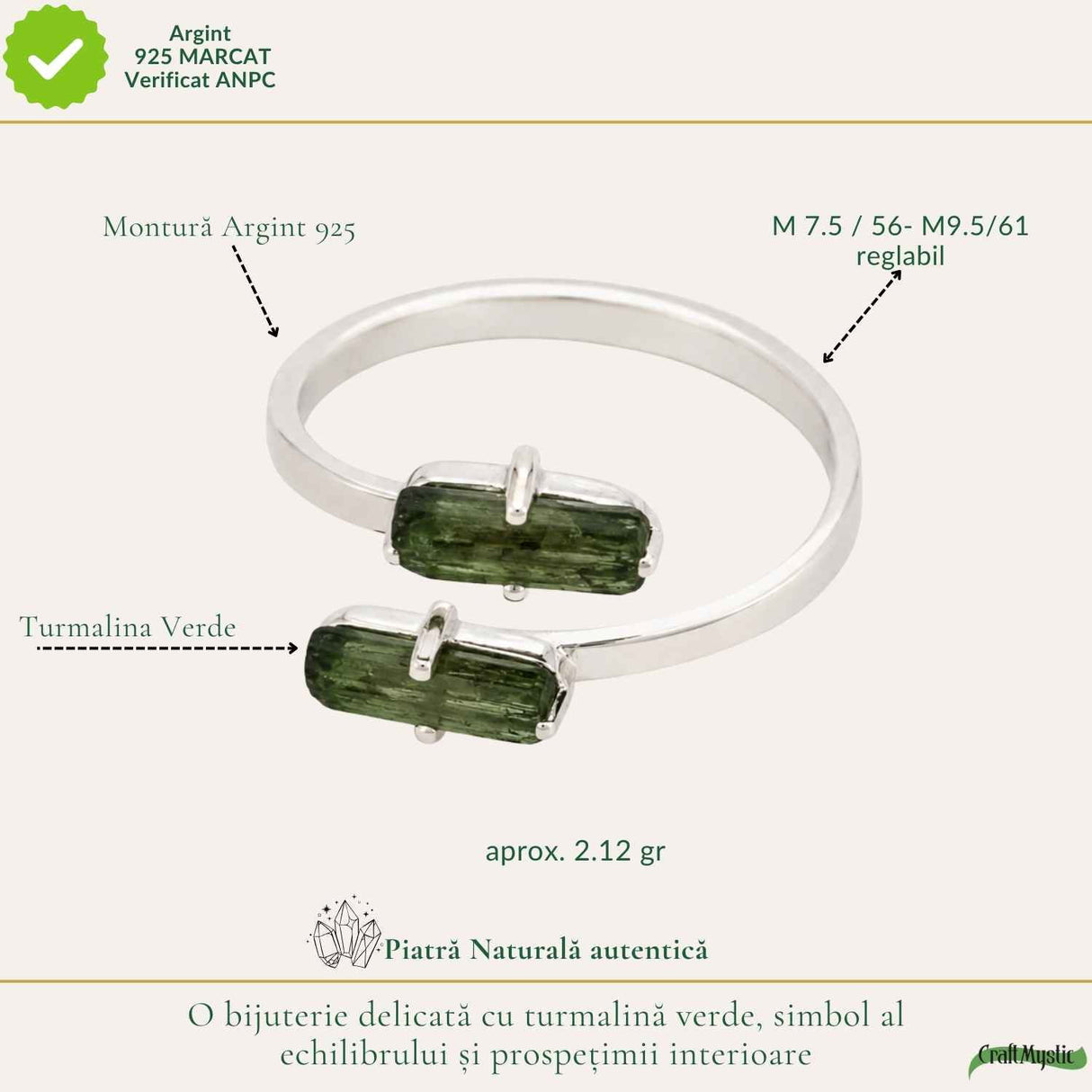 Inel Argint 925 cu Turmalina Verde Bruta – Echilibru si Energie Naturala