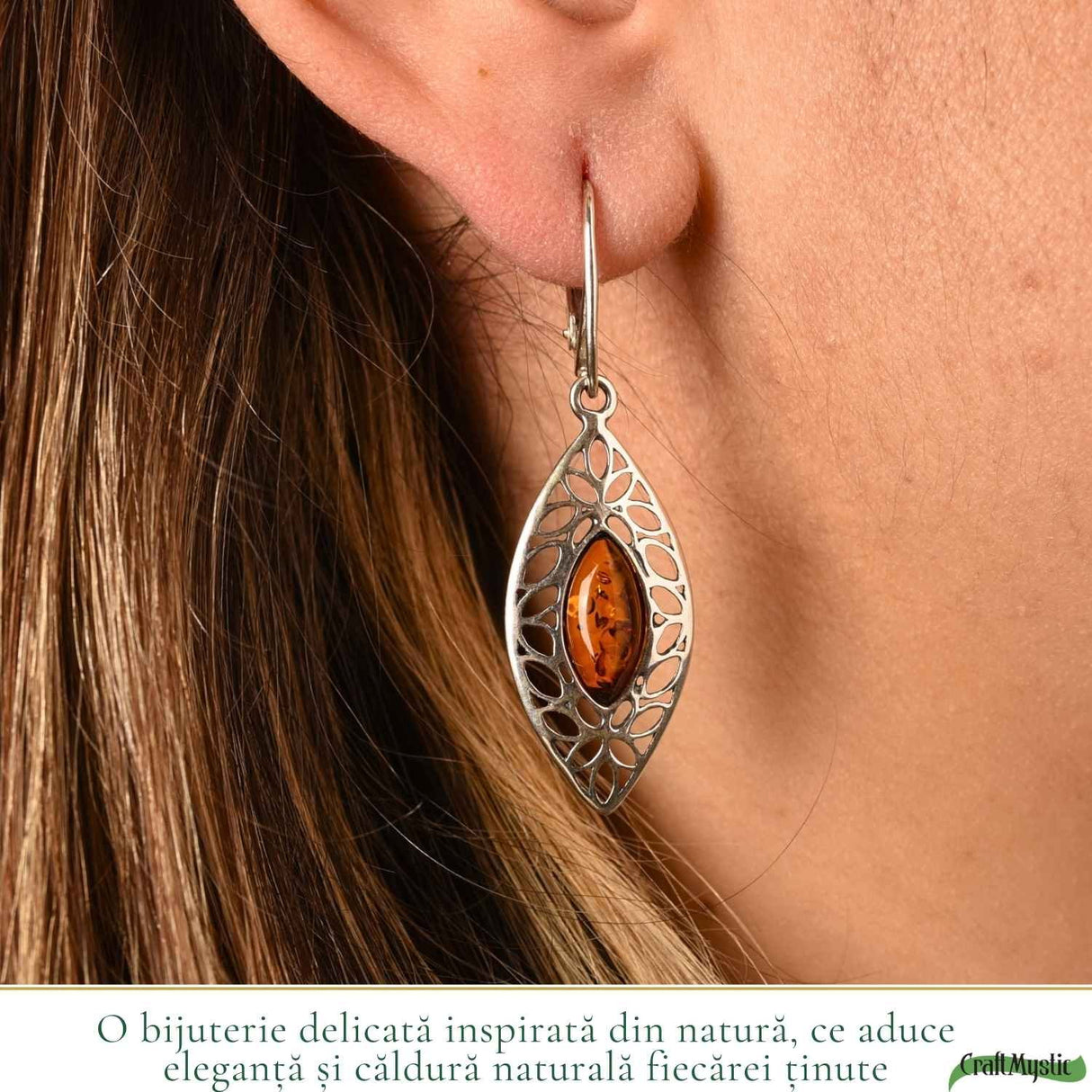 Cercei Argint 925 Frunza cu Chihlimbar - Energie Naturala si Eleganta Delicata