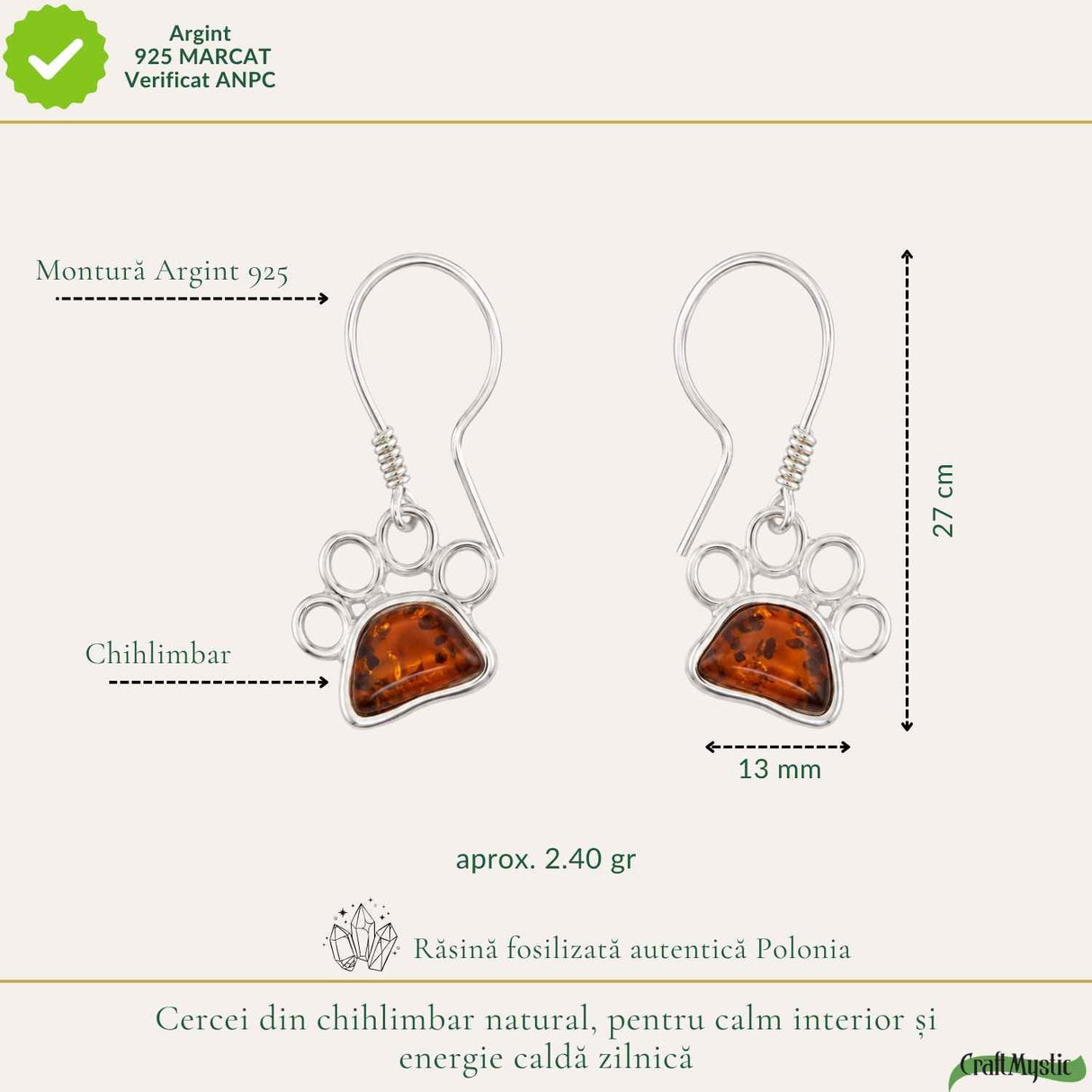 Cercei Argint 925 cu Chihlimbar Rosu Labuta de Pisica – Protectie si Energie Calda